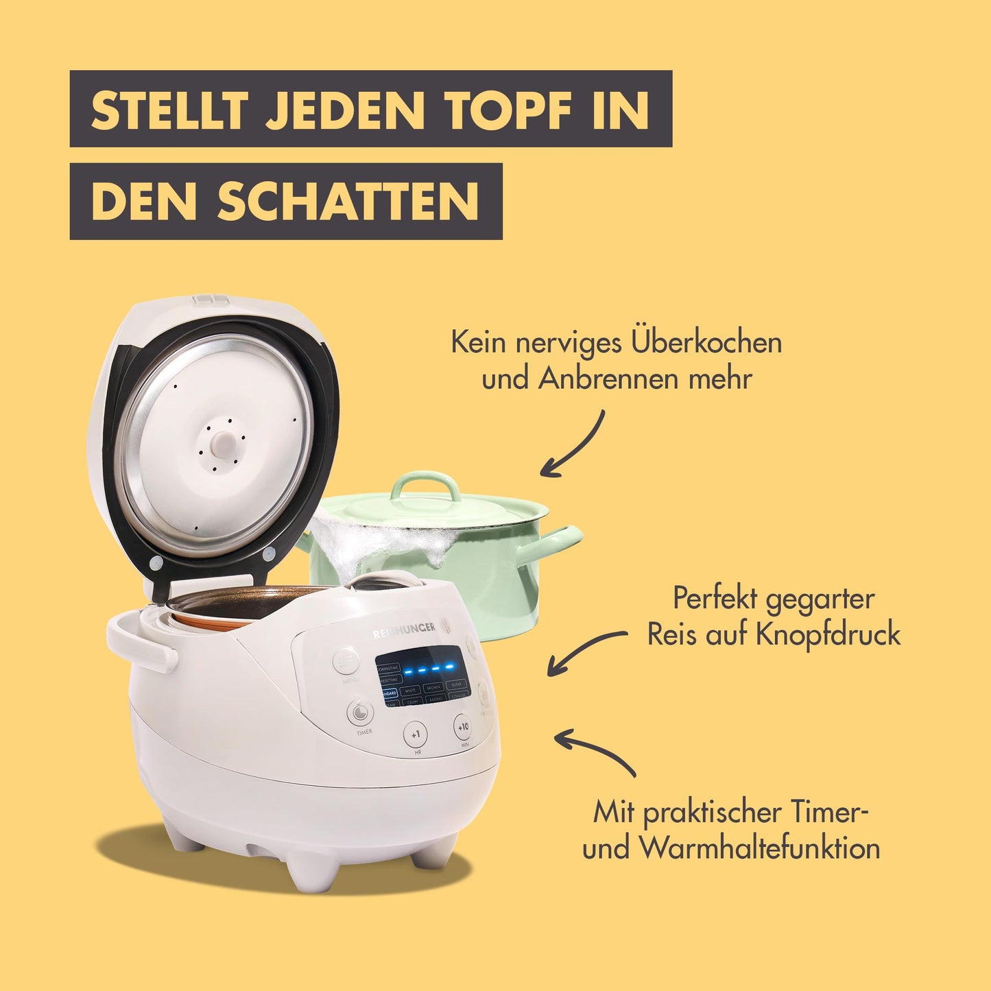 REISHUNGER Digital Rice Cooker small, gray | 0.6 L up to 3 people | Keep warm function, timer & premium pot | Small multicooker & steamer, 8 programs, 7-phase technology.