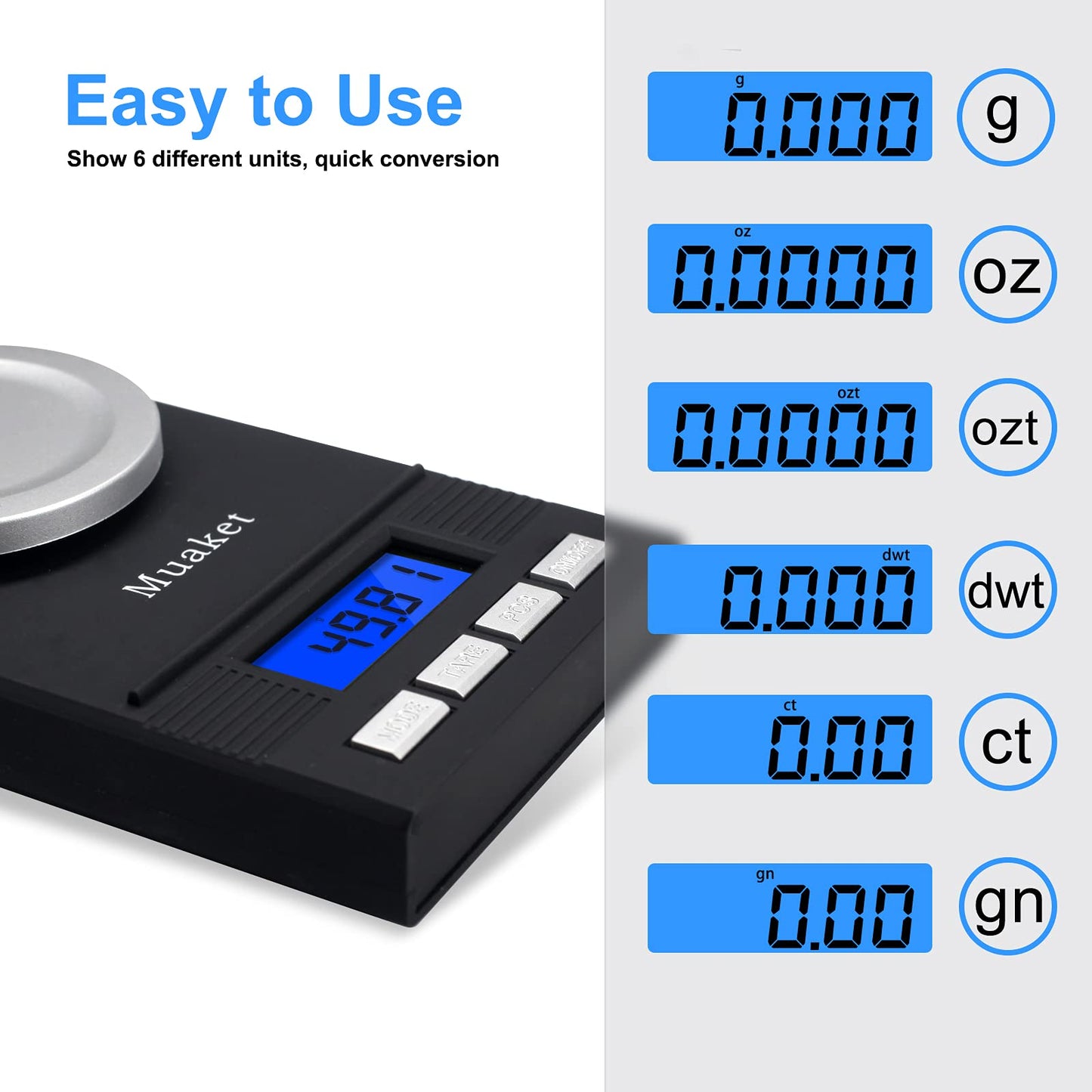 Muaket Pocket Scale, 50g / 0.001g Digital Scale with LCD Display, Professional Milligram Scale, Portable Scale, Lab Scale, Gold Scale, Postal Scale, MG Scale