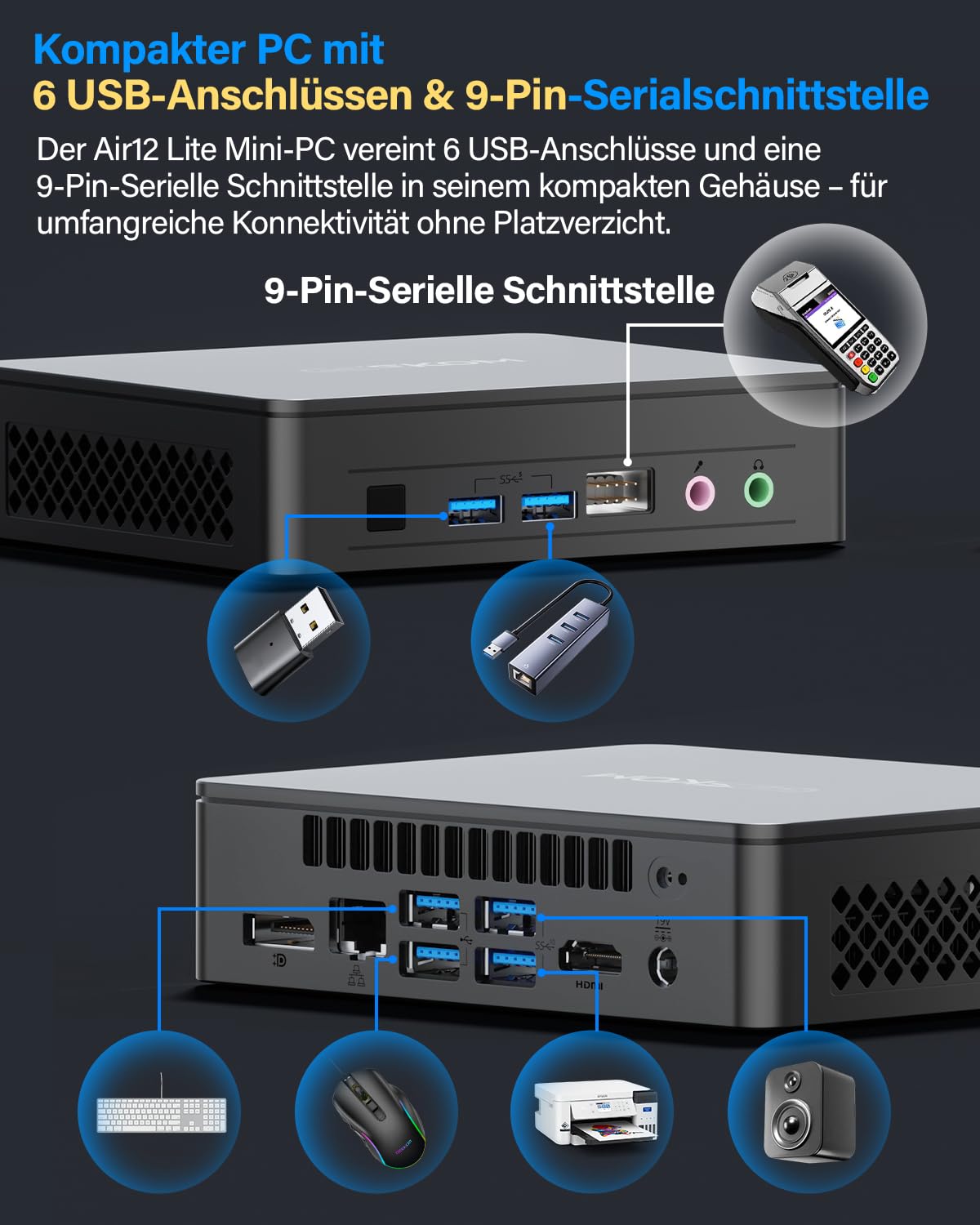 GEEKOM Mini PC Air12 Lite with Intel N150 (upgrade from N100), 16GB RAM + 512GB SSD Mini Desktop Computer W-11 Ready for Use | 6×USB & 9-PIN Ports | Dual-Display 4K@60 Hz for Home, Office & School