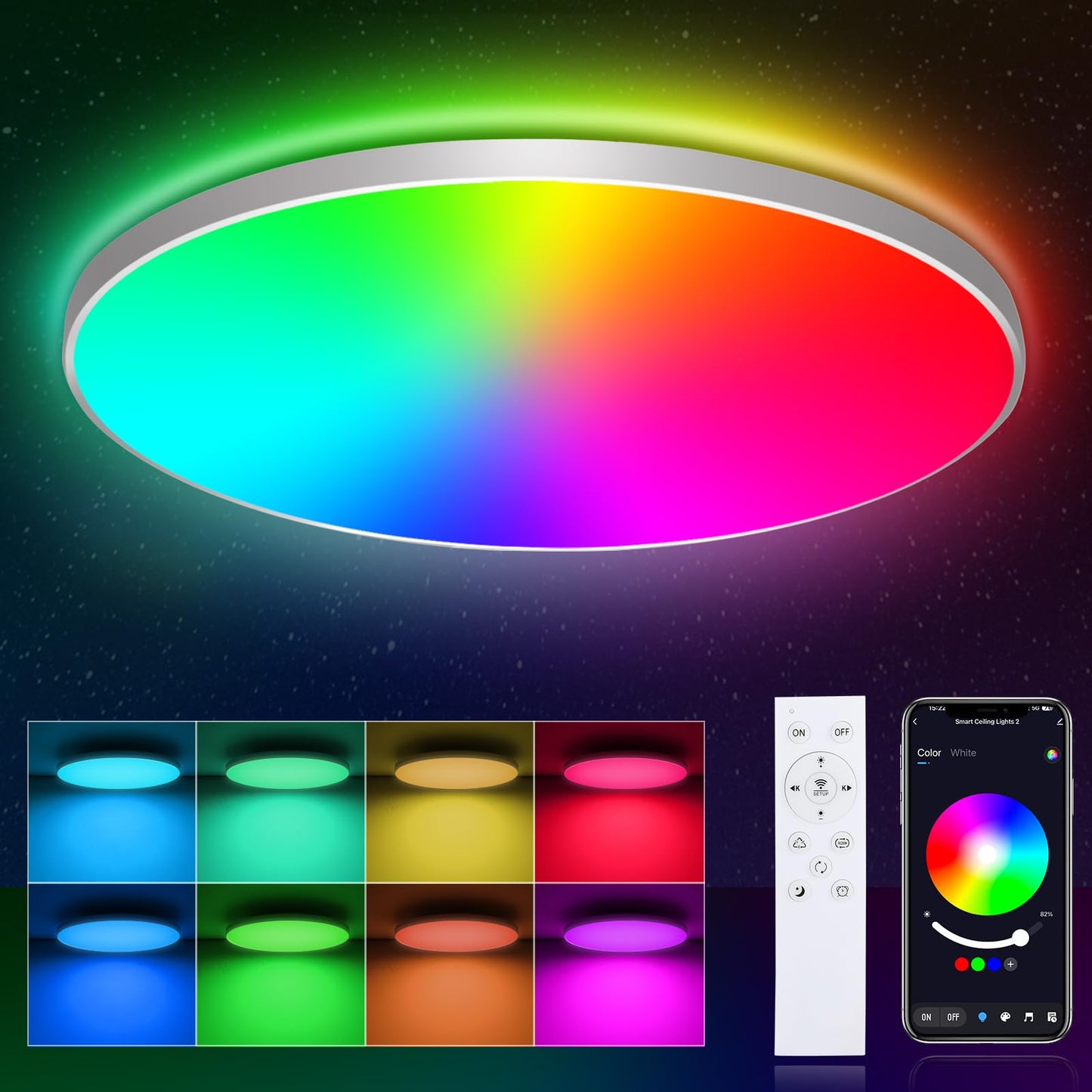 OPPEARL LED Ceiling Light Dimmable with Remote Control, 24W 16 Million RGB Color Changing Smart LED Ceiling Light Controllable via App, 2400LM Ceiling Lighting Ø30CM Lamp for Living Room Bedroom, White