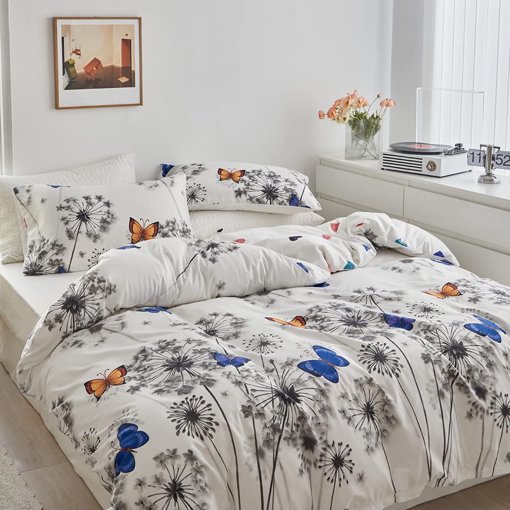Luofanfei dandelion bedding set 155x220cm with dandelion flowers, butterflies, blue, yellow, grey, and white colors. Made of microfiber with plant leaf pattern. Includes 1 duvet cover and 2 pillowcases 80x80cm with zipper.