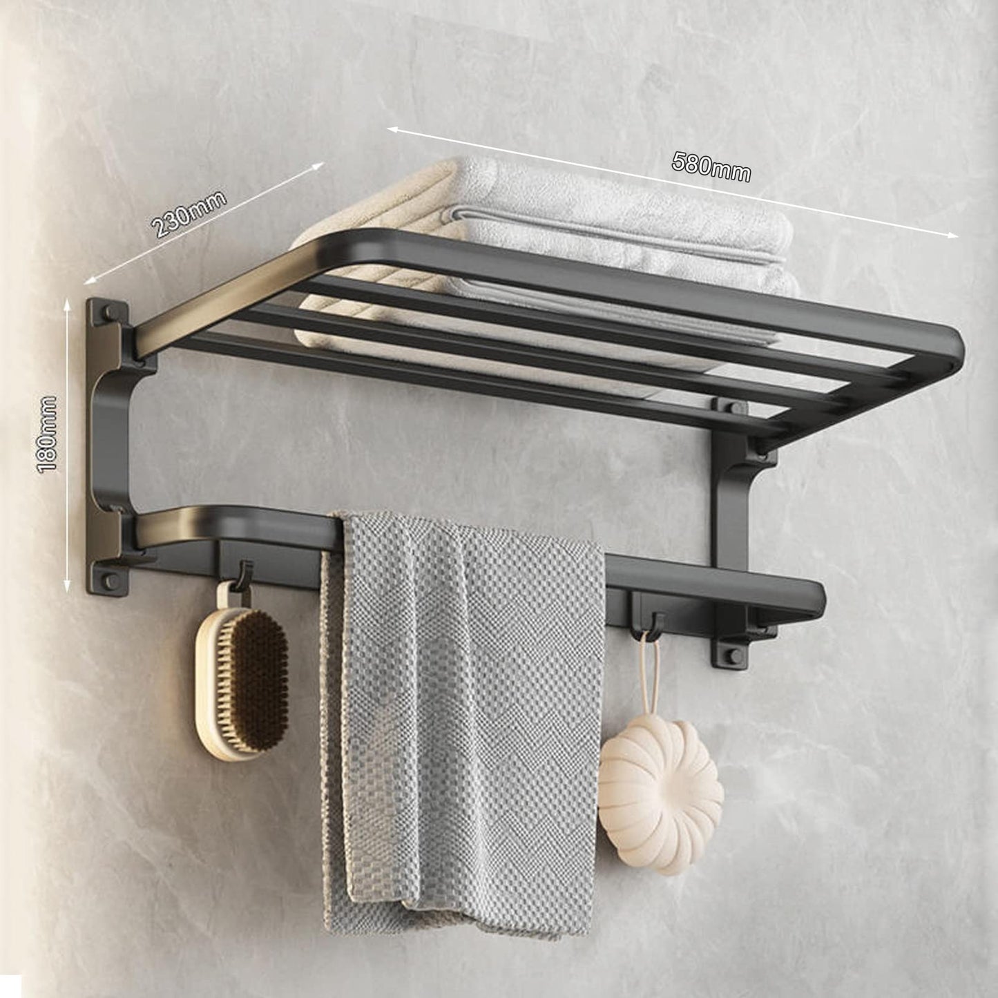 Towel holder without drilling in matte black, self-adhesive bathroom towel holder, wall-mounted towel holder with 5 towel hooks, bath towel holder, towel rack for bathroom kitchen, 58cm, aluminum.