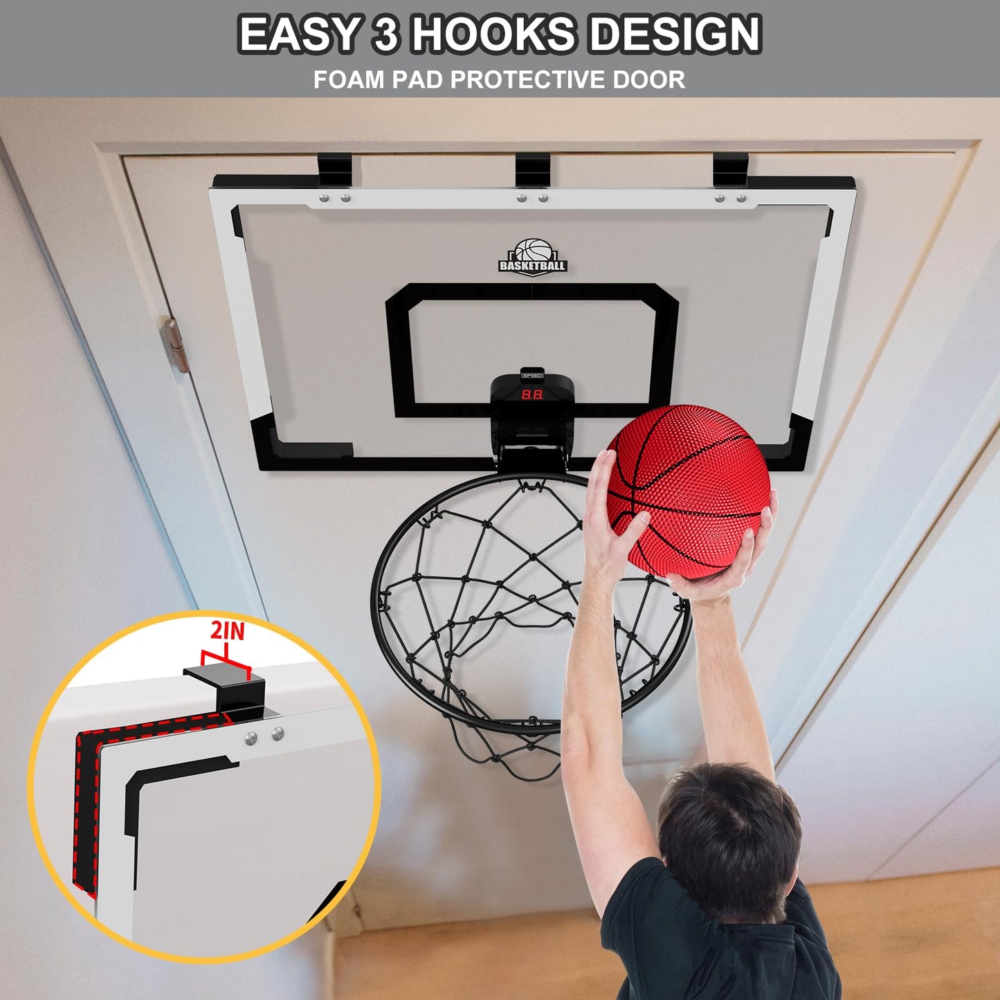 HYES 24" x 16" Large Basketball Hoop Indoor for Kids, Basketball Hoop with Scorer, 2 Balls, Pump, Big Basketball Toy for Adults Kids Teens Boys Girls (black with Scorer)