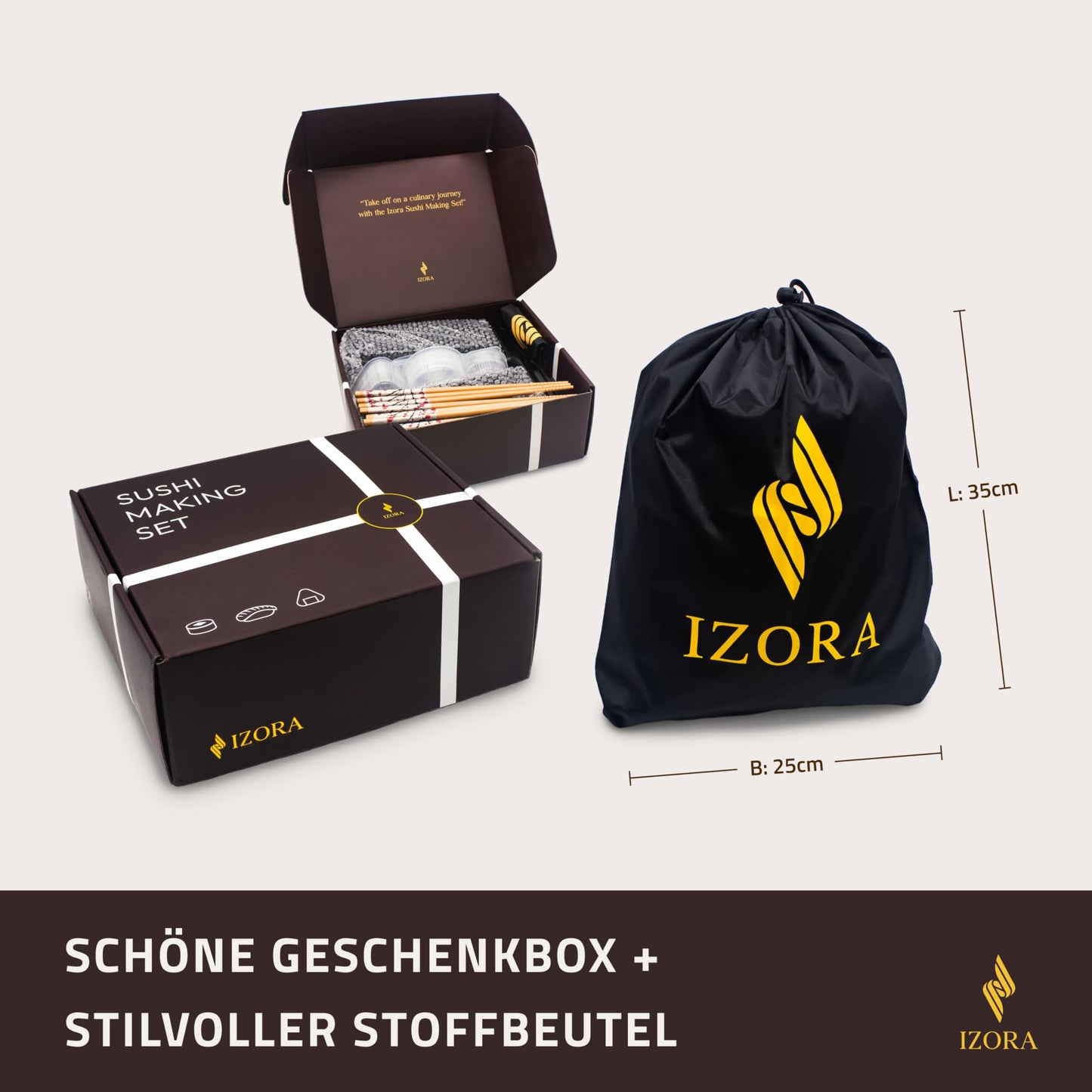 Izora Sushi Maker Set with beginner's guide including detailed instructions, easy recipe suggestions - Sushi set for making your own with stylish gift box, practical fabric bag.
