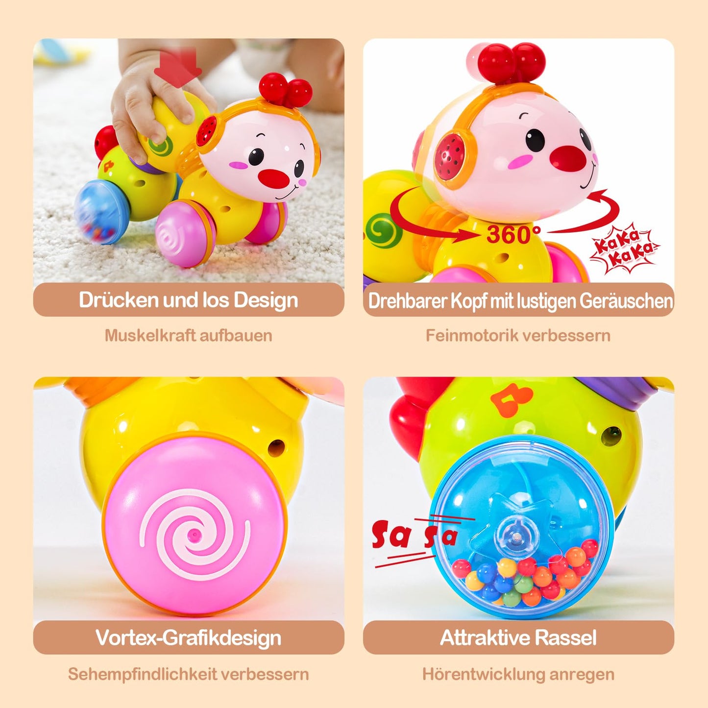 CubicFun Musical Baby Toy Caterpillar for 6-8-9-12 months, crawling toy with light & sound, interactive crawling caterpillar baby toy for 6 8 9 12 months, tummy time toys for boys girls