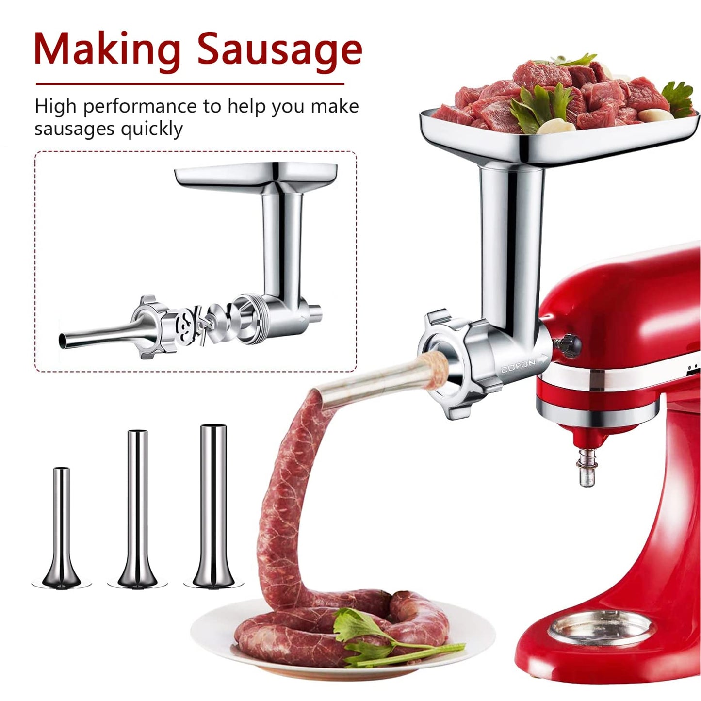 COFUN Vegetable Cutter & Meat Grinder for Kitchenaid Attachment Set, Includes Meat Grinder with 4 Grinding Plates, 3 Sausage Stuffing Tubes, and 3 Pcs Stainless Steel Shredder for Kitchenaid Attachment.