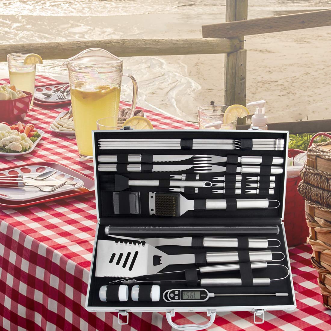 28-piece grill accessory set for men - Premium stainless steel grill case with grill mat, grill utensils for dad, men, and women - perfect for gas grill, charcoal grill, and camping.
