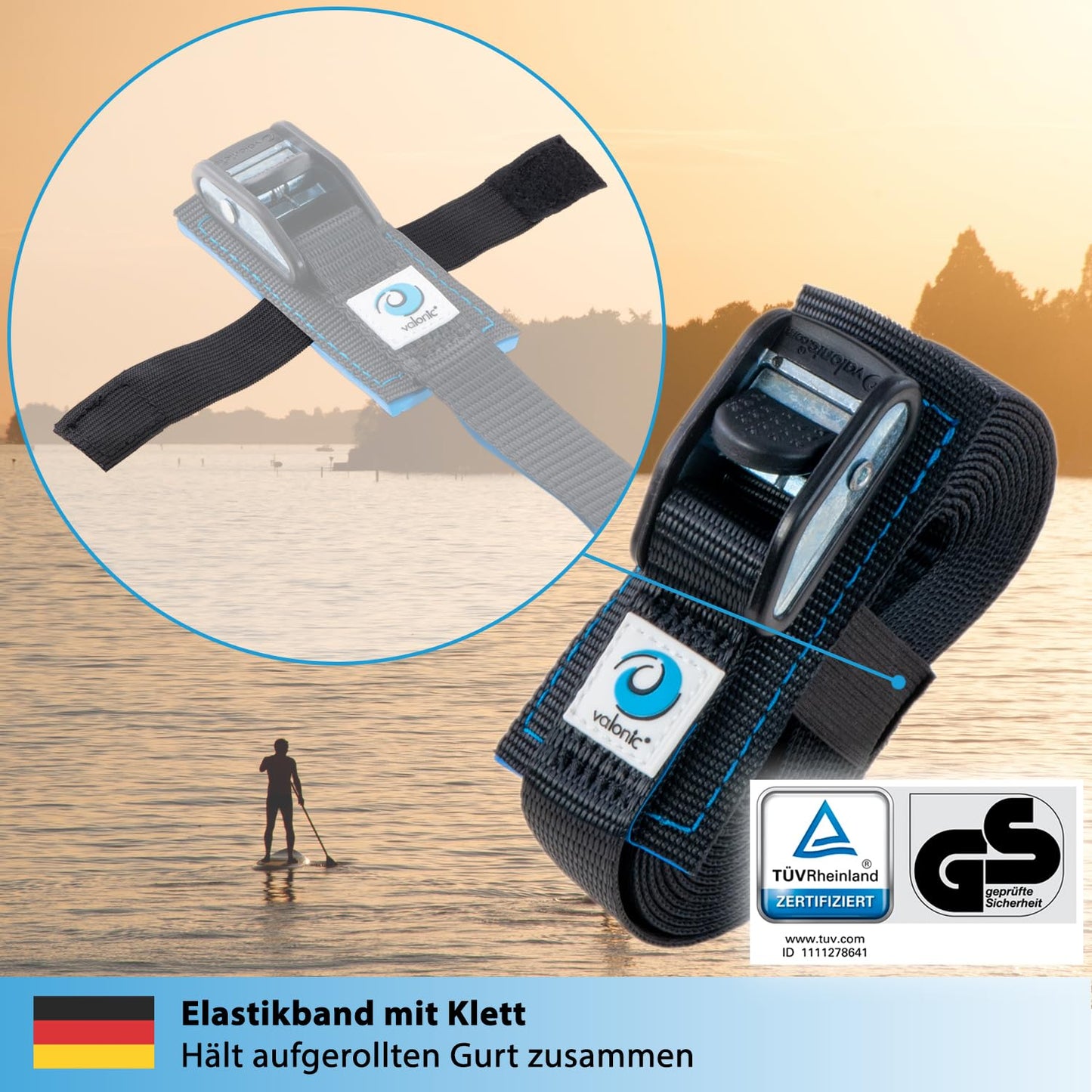 Valonic Dolphin - 2X 1m Ratchet Straps short with padding, 25mm, 500kg, TÜV Rheinl. / GS Certified, EN-12195-2 - Ratchet strap with cam buckle for bike rack, SUP, short, black