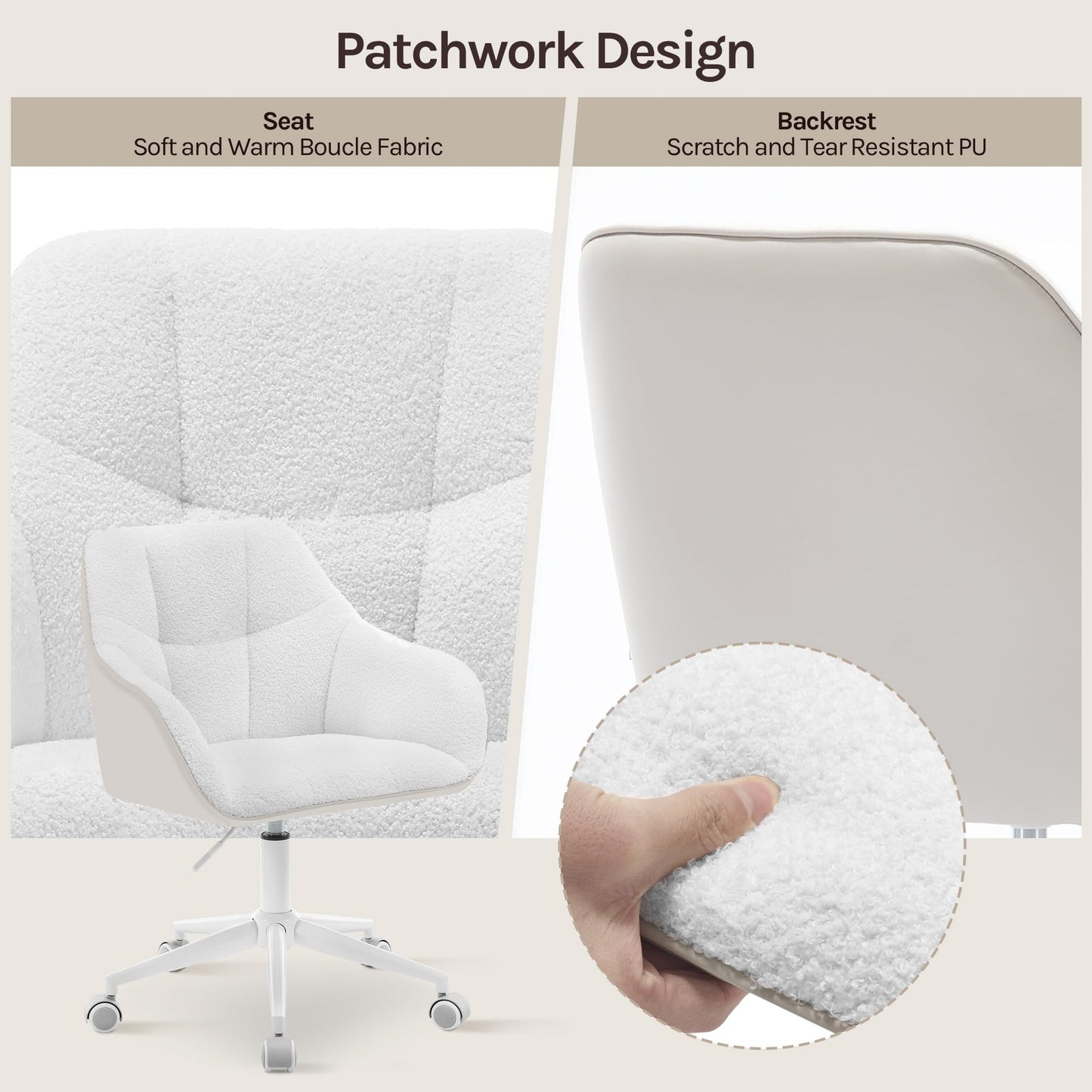 WOLTU home office chair, desk chair, swivel chair, vanity chair, adjustable height, supports up to 150kg, with bouclé seat, cream+beige, BS175grcm