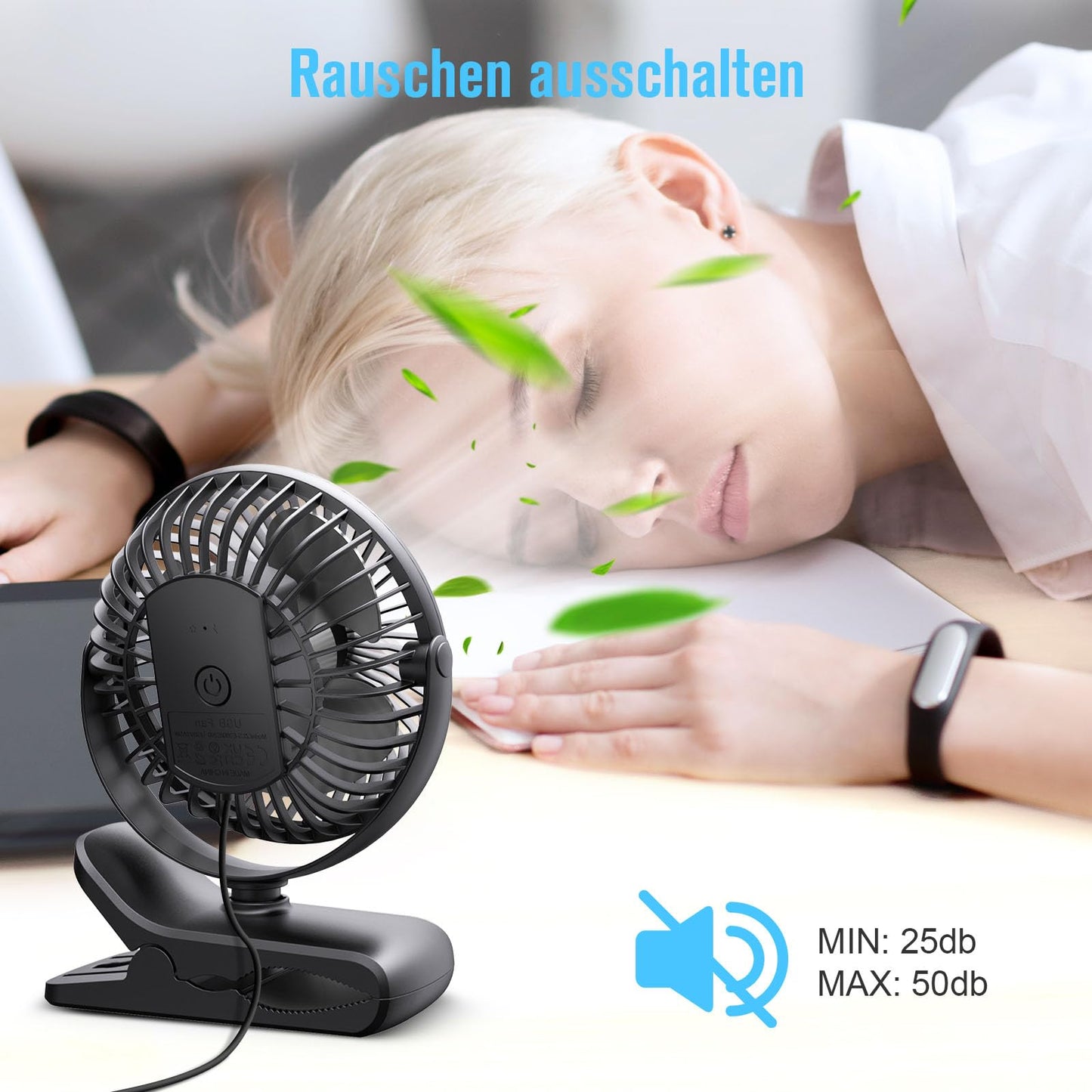 HONYIN Mini Fan with Clip, 720° Rotation Small USB Fan, Strong + Stable Clamp, 3 Speed Levels, Great as Desk Fan in Office and Bedroom