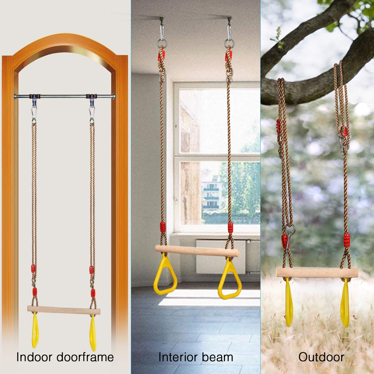 PELLOR Multifunctional Kids Wooden Trapeze Swing with Plastic Rings (Yellow)