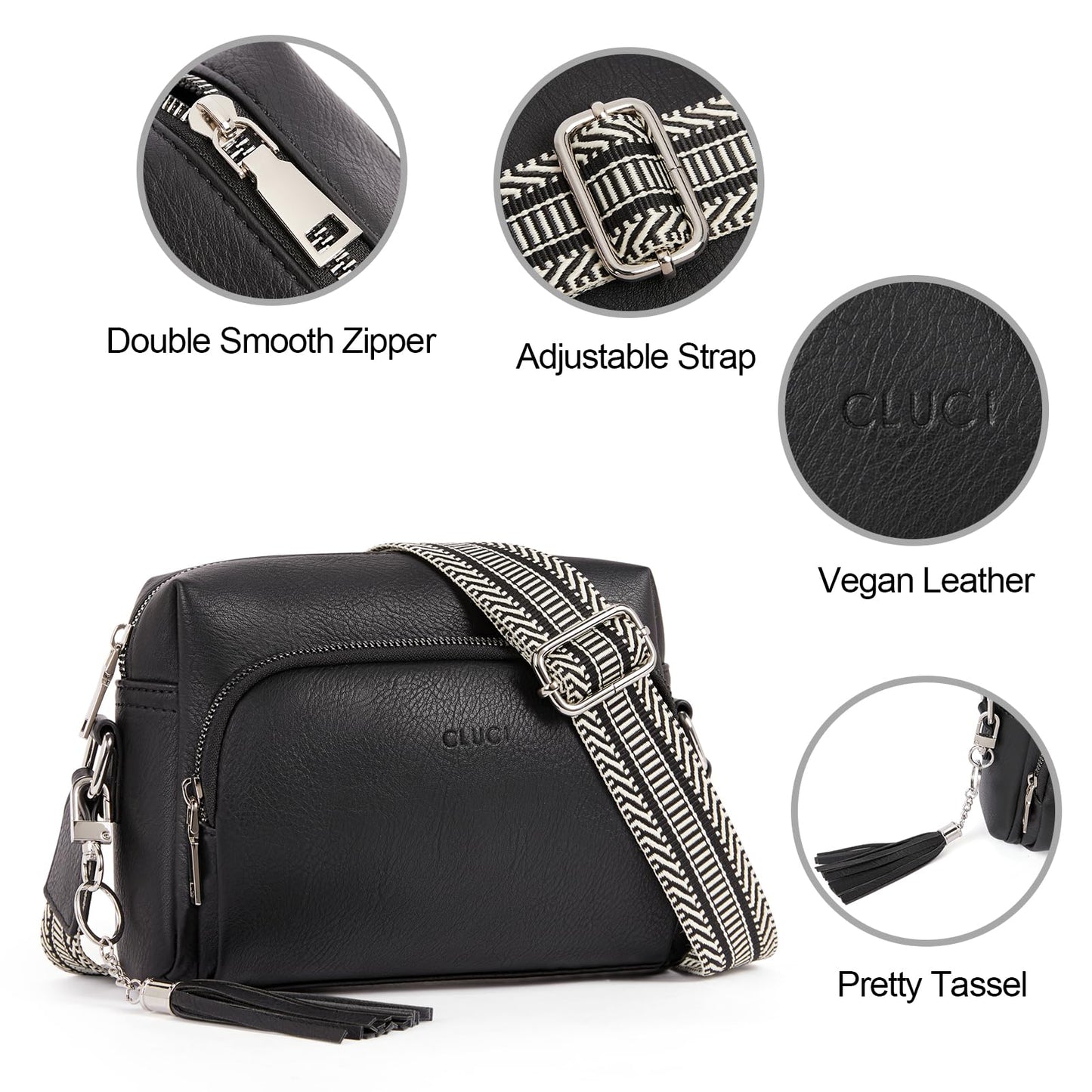 CLUCI Women's Crossbody Bag with Wide Strap, PU Leather Shoulder Bag with Fringe, Adjustable Shoulder Strap, Small Handbag in Black