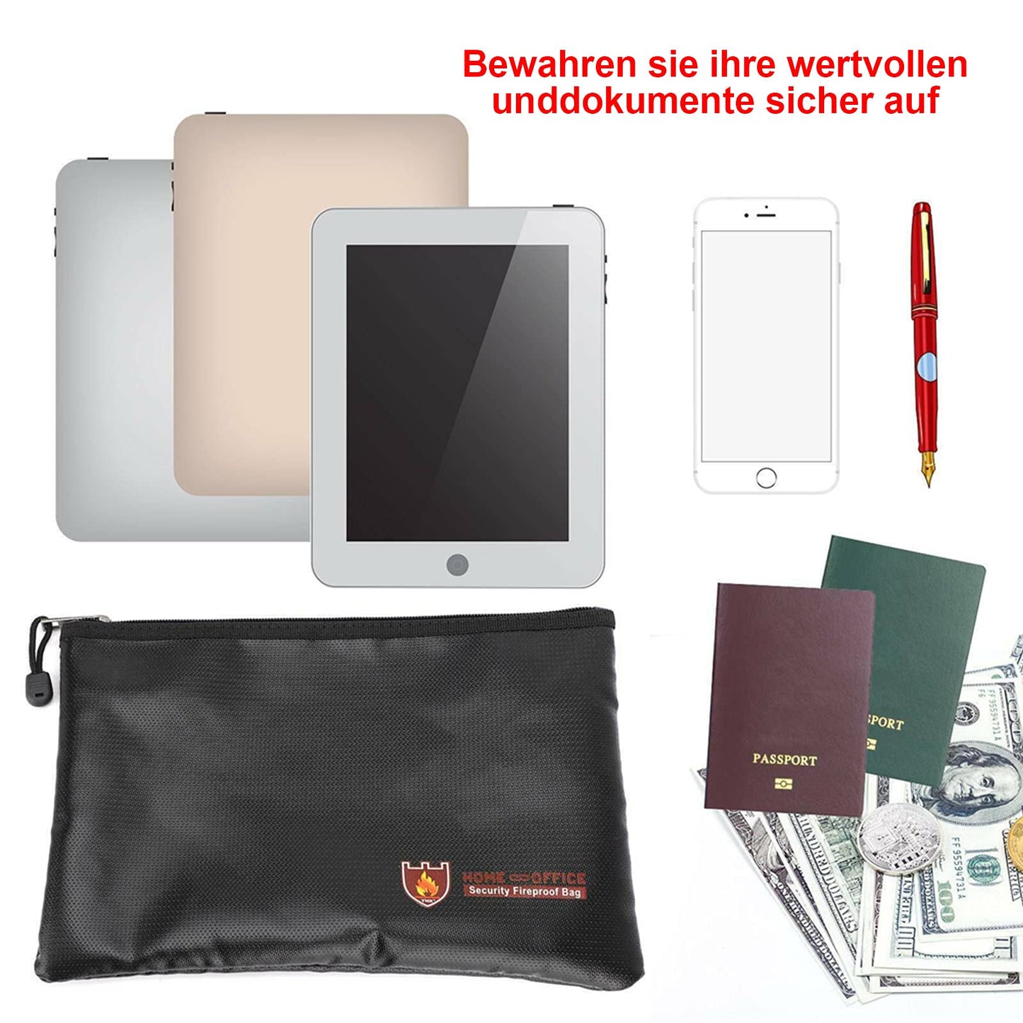 2 pieces Fireproof Document Bag 34x25cm, Waterproof Fire Resistant Safe Bag, Fireproof Money Storage, Large Capacity File Bag for Documents/Money/Passport/Bank Files and Cash