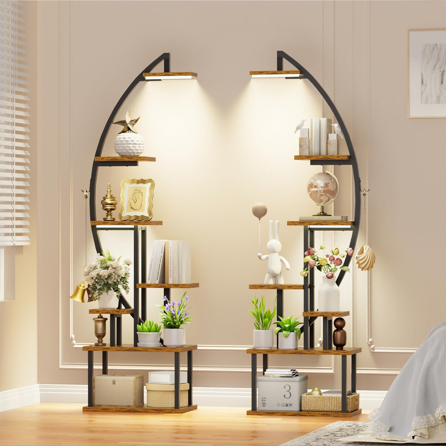 BACEKOLL Plant Stand with Grow Light - 7 Tier Flower Stand 165cm Metal Wood Plant Shelf - Indoor & Outdoor Flower Ladder - Decorative Black Plant Stand for Interior Garden Balcony 2 PACK