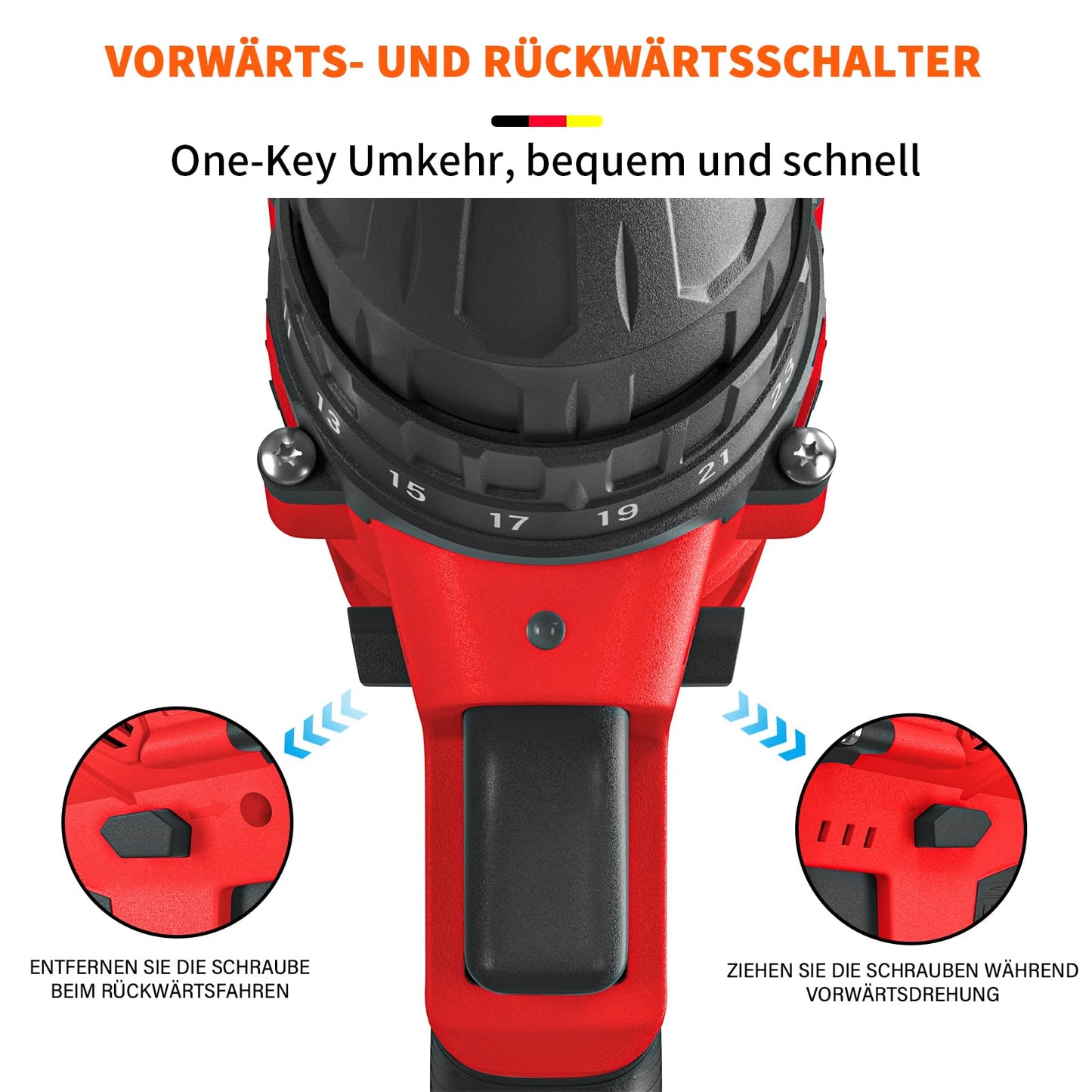 21V cordless drill with 1 battery 1500mAh, Red Mini cordless drill with hammer function, Battery drill driver 45Nm cordless drill 25+1 cordless screwdriver, 29pcs accessories and case