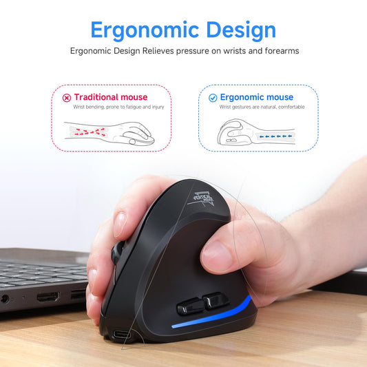 REALPower 2.4G Vertical Ergonomic Mouse Wireless, Rechargeable Cordless Wireless Mouse for Office/Home Windows PC, Vertical Ergonomic Mouse 2400 DPI, 6 Buttons, Right-Handed (Black)