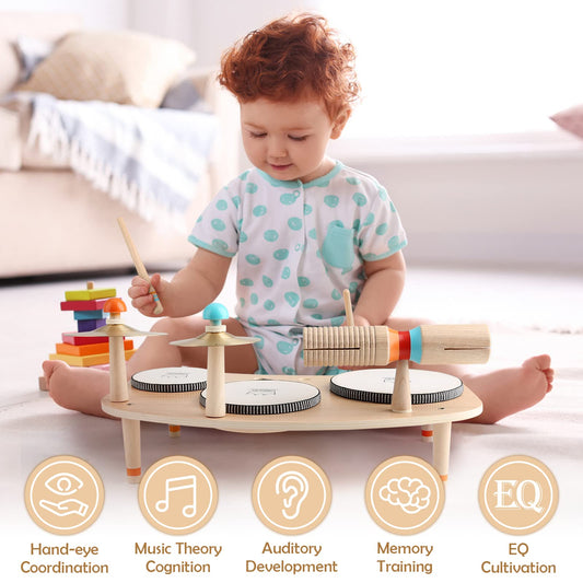 Wooden toy drum set for kids, 8 in 1 musical instruments children's toy for ages 3-5, boys and girls Montessori toy.