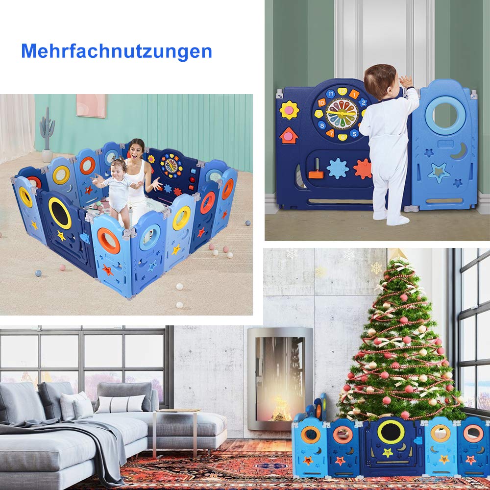 YOLEO Playpen for baby, Foldable Playard 120×120cm, Plastic Playpen in adaptable shape, playpen with door and toy board, Blue