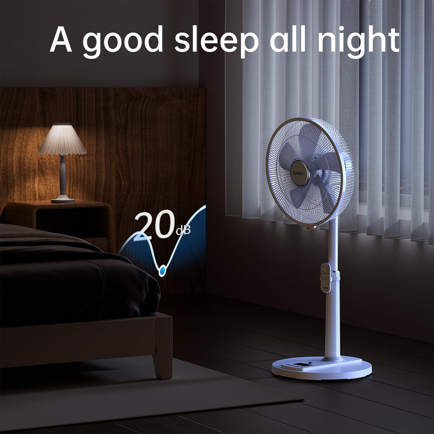 4UMOR Stand Fan quiet 24W 20dB DC Motor 9 Speeds 90° Oscillation adjustable Fan with remote control 9H Timer 41cm Diameter Fan quiet 80% Energy Saving