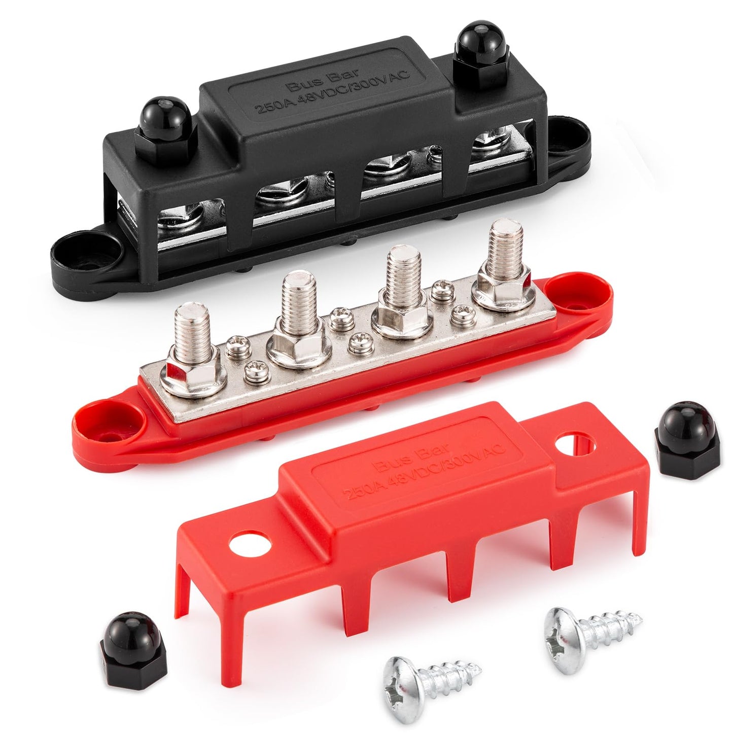250A 12V busbar with 4 x M8 (5/16") terminal studs, DC bus bar distribution block with cover, negative & positive high power bus bar box for car, boat, solar system (M8)