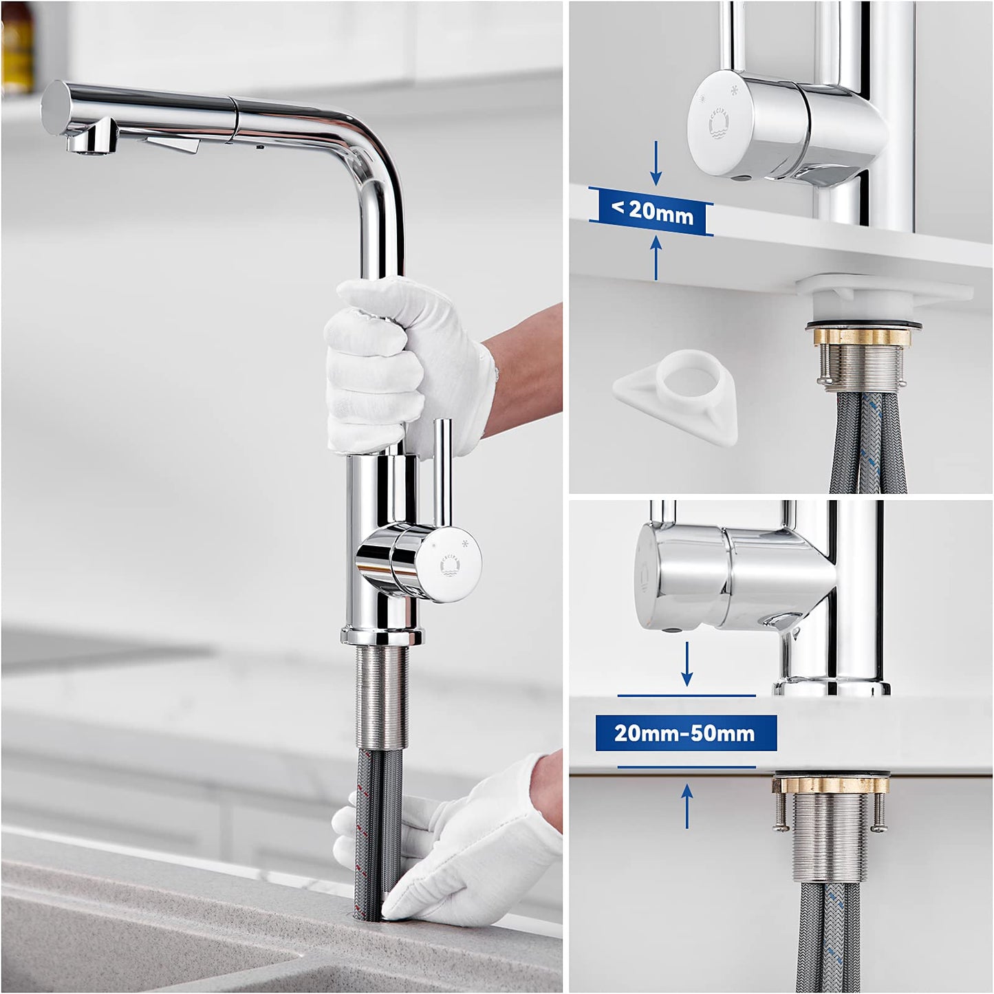 Pull-Out Kitchen Faucet, CECIPA High Pressure Kitchen Tap with Sprayer, Kitchen Mixer Tap with 2 Spray Modes, Single Lever Sink Mixer Stainless Steel Brushed, 360° Rotatable, Chrome