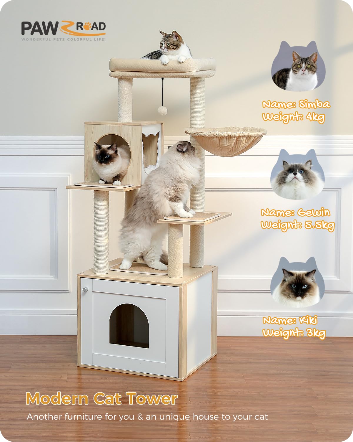 PAWZ Road Modern Cat Tree Wooden Cat Tower with Storage Cabinet Cat Bathroom Enclosure and Spacious Cat House Large upper perching platform and hammock Beige