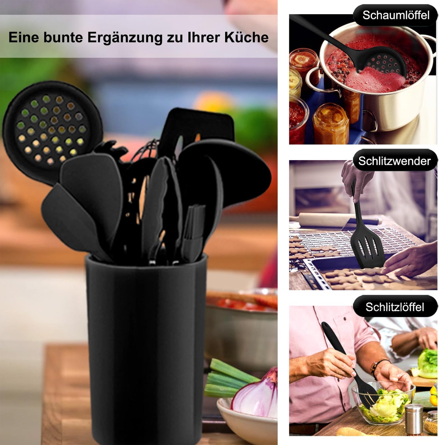 Homikit Silicone Kitchen Utensil Set, 12 Pieces Black Cooking Utensils Cookware, Heat-Resistant Cooking Utensil Set with Utensil Holder, Healthy & Non-stick, Dishwasher Safe
