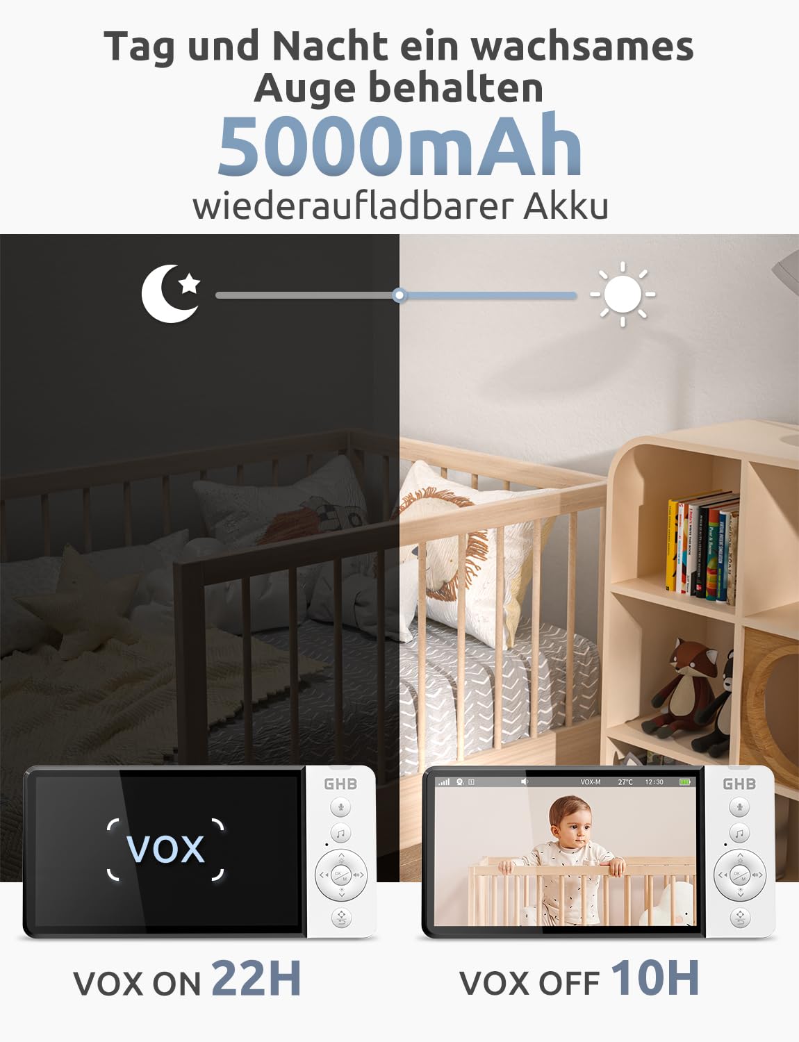 GHB baby monitor with camera 5 inch 350° rotation 5000mAh night vision VOX mode digital zoom two-way talk temperature display 720p ABM720