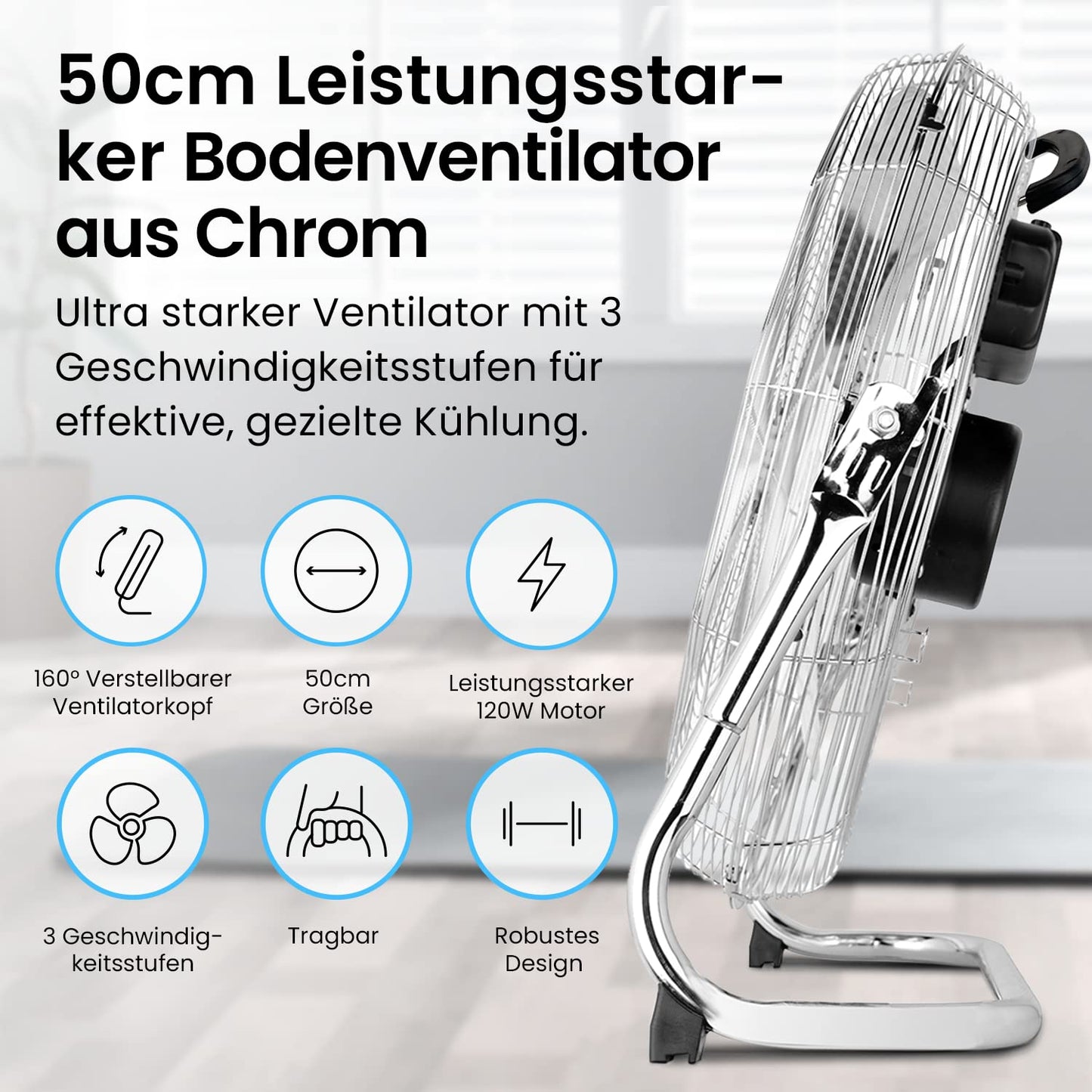 Pro Breeze 50 cm Chrome Floor Fan with 3 Speed Settings and Adjustable Fan Head - Air Circulator for Gym or Workshop