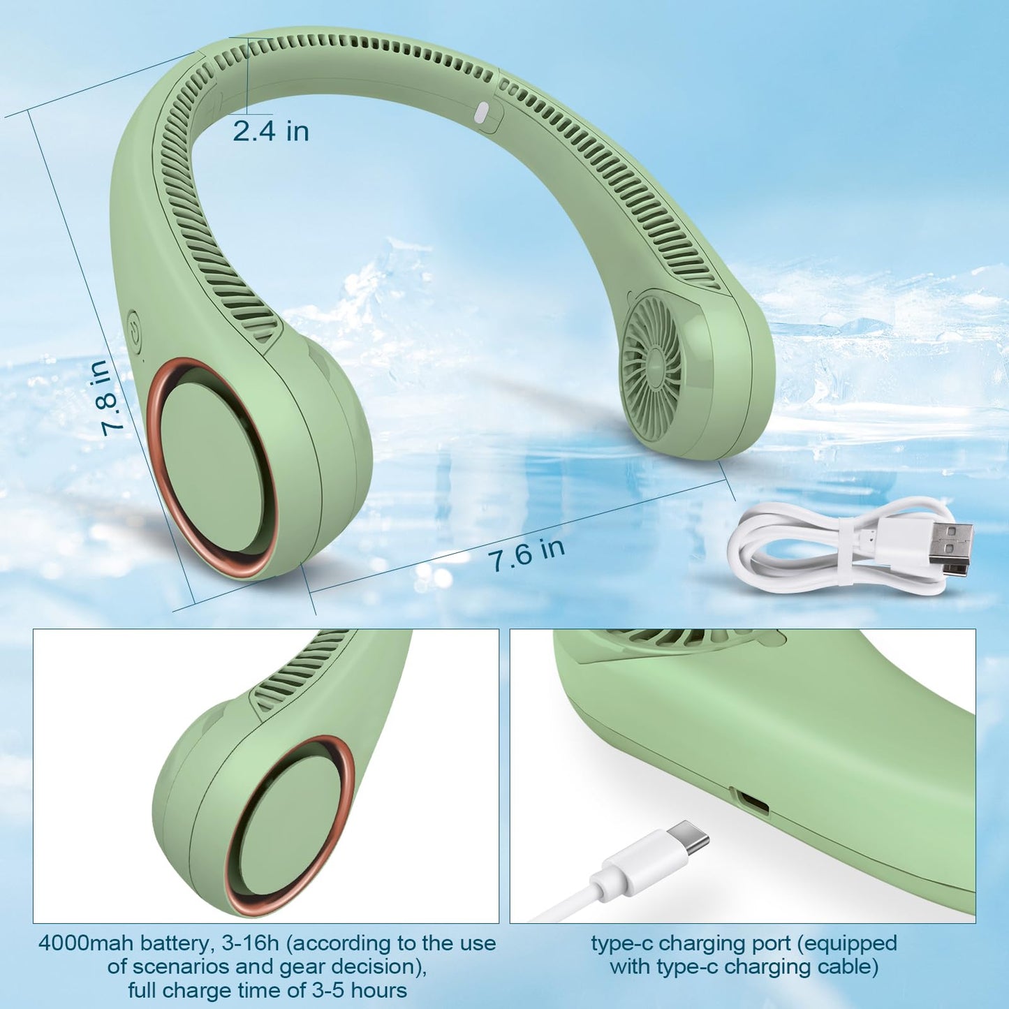 CIVPOWER Portable Neck Fan, hands-free fan, cooler, personal fan, 3 speed settings, USB powered neck fan for outdoor and indoor use, light green