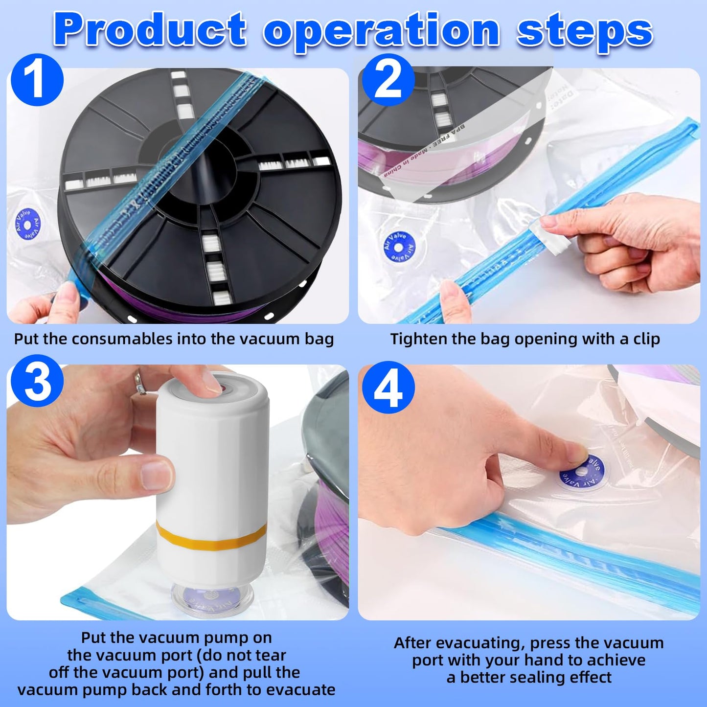 Filament Vacuum Bag Kit with Automatic Pump: 3D printing filament storage vacuum kit with autopump and sealing clips, 30 storage bags 34 * 30cm for 1.75mm 3D printer filaments.