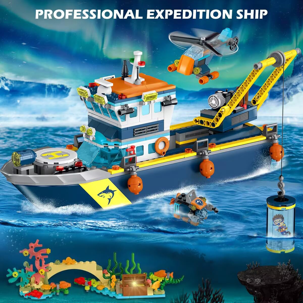 HOGOKIDS City Floating Boat Building Kit with LED Lights - Fun Arctic Explorer Ship Building Brick Ocean Exploration with Helicopter Submarine Birthday Gift for 6+ Year Old Boys Girls Kids