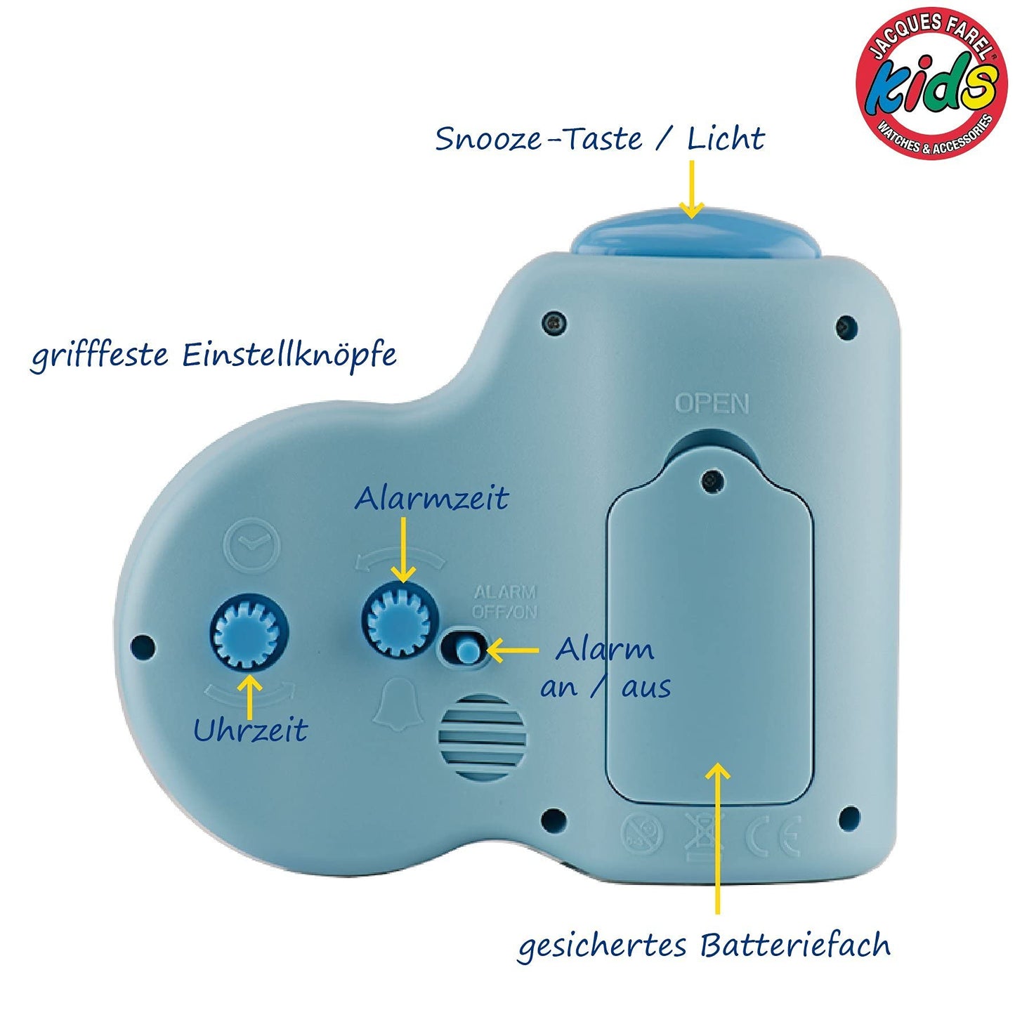 JACQUES FAREL Children's Alarm Clock Dolphin Light Blue without ticking, with light and snooze function ACB 712 DO