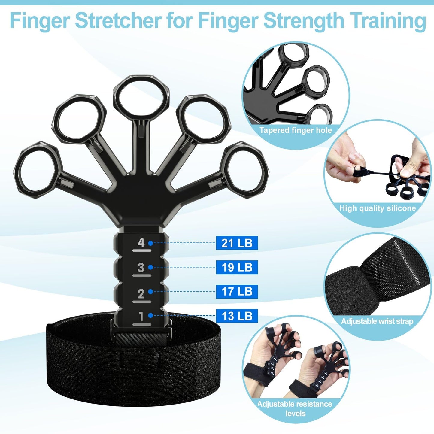 ALMAH Hand Trainer training set (5-pack), finger trainer grip strength trainer set, 2 adjustable resistance forearm trainers, finger stretcher, training ring & stress relief grip ball with carrying bag.