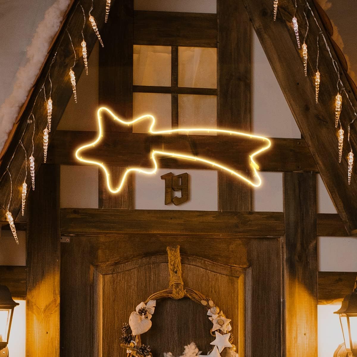 SALCAR 70cm LED shooting star neon light illuminated outdoor, 240 window silhouette Christmas decoration, Christmas decoration Christmas light garden large house, warm white