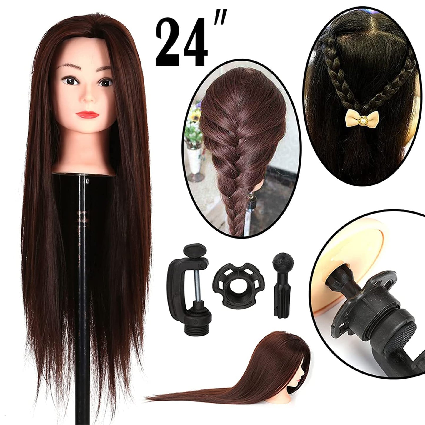 Youyijia Practice Head Training Heads 24" Mannequin Head Hair With Holder Training Head Hairstyling doll head Mannequin Head Holder (brown)