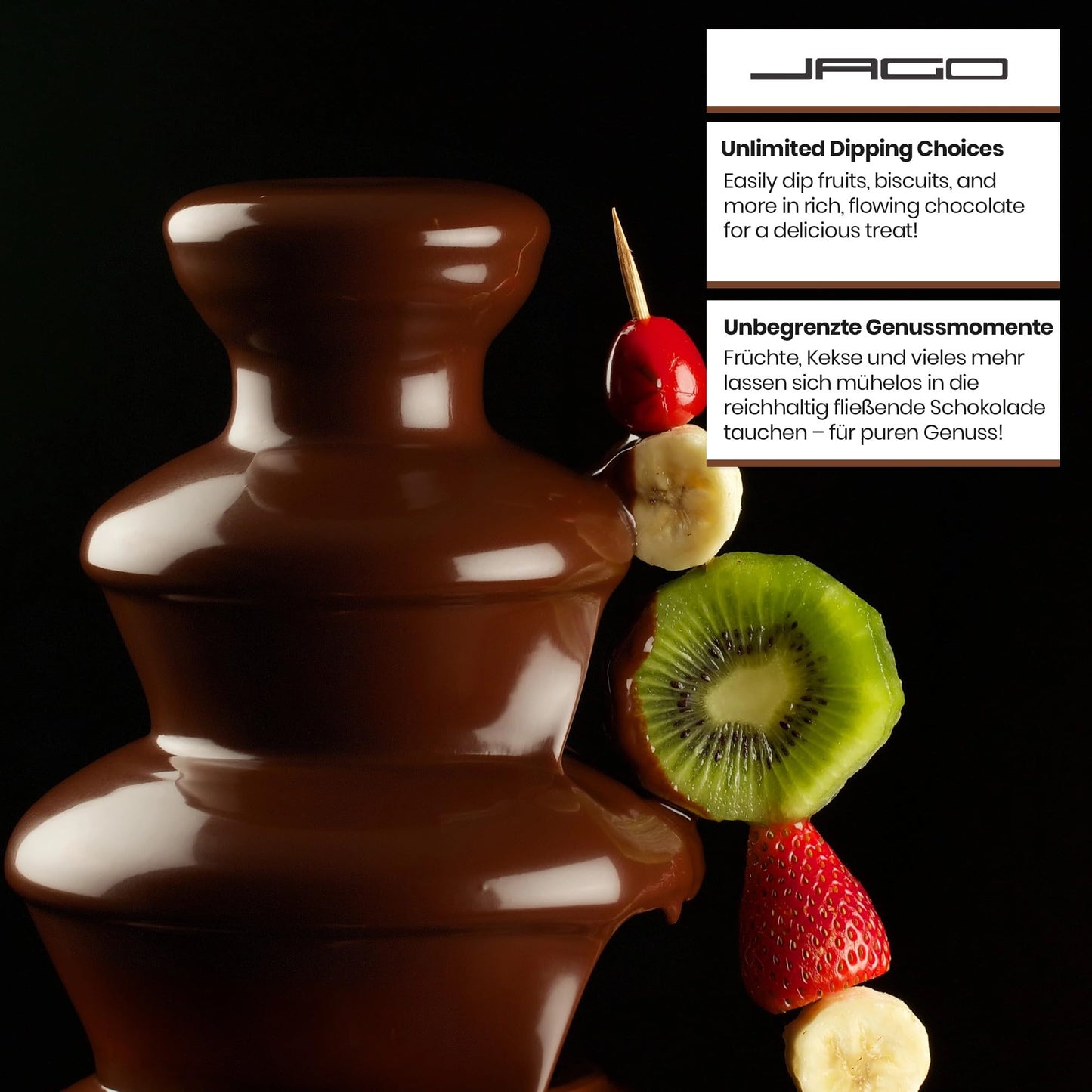 Jago® Chocolate Fountain 275W - 3 tiers, Max. Capacity 1 kg chocolate, Stainless steel, Dishwasher safe, Silver - Chocolate fountain, Chocolate fondue, Chocolate fondue, Chocolate fountain