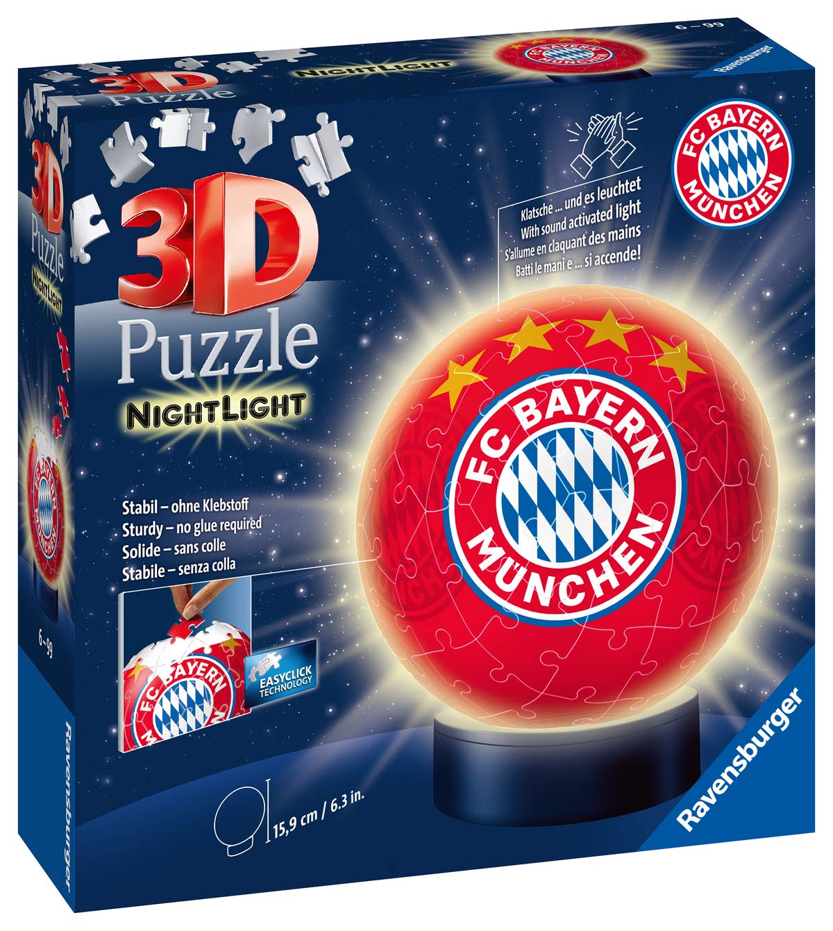 Ravensburger 3D Puzzle Night Light FC Bayern Munich - Fan merchandise for children aged 6 and up, LED bedside lamp with clap mechanism & 3D Puzzle 11215 - Utensilo - FC Bayern Munich - 54 pieces