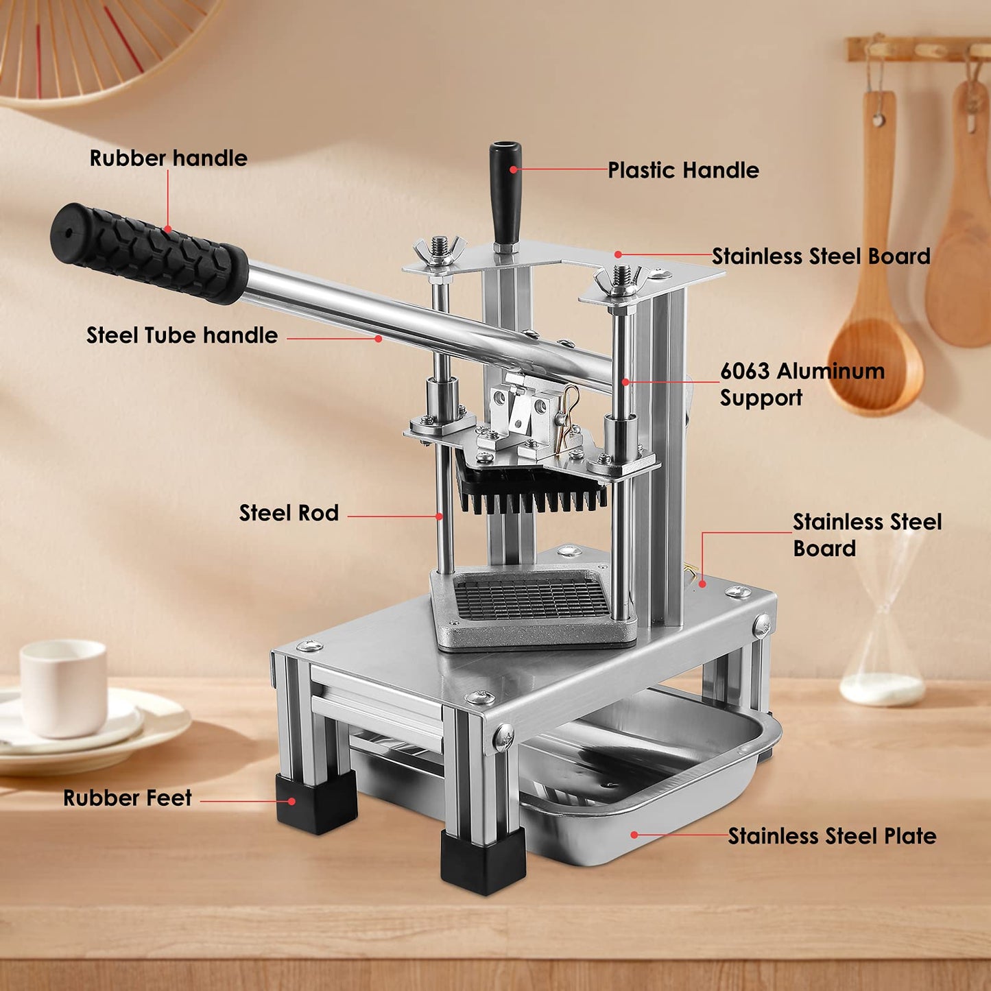 InLoveArts Professional Potato Cutter for potatoes and vegetables, with stainless steel blades in sizes 1/4 inch, 1/2 inch, 3/8 inch, and food plate.