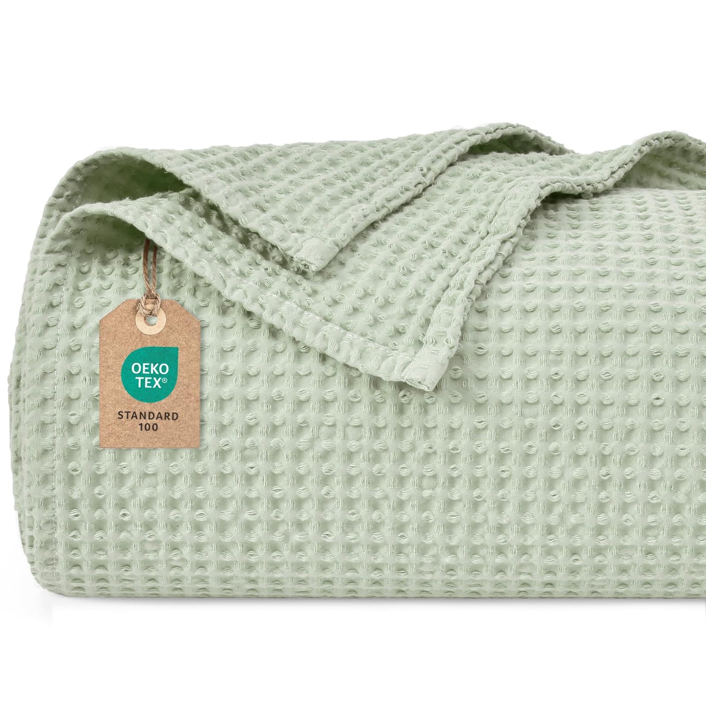 PHF 100% Cotton waffle blanket Throw 150x200cm, lightweight & breathable, perfect for summer - Oeko-TEX® Certified - Hotel-grade quality - Ideal for sofa, couch, bed, Grass Green.