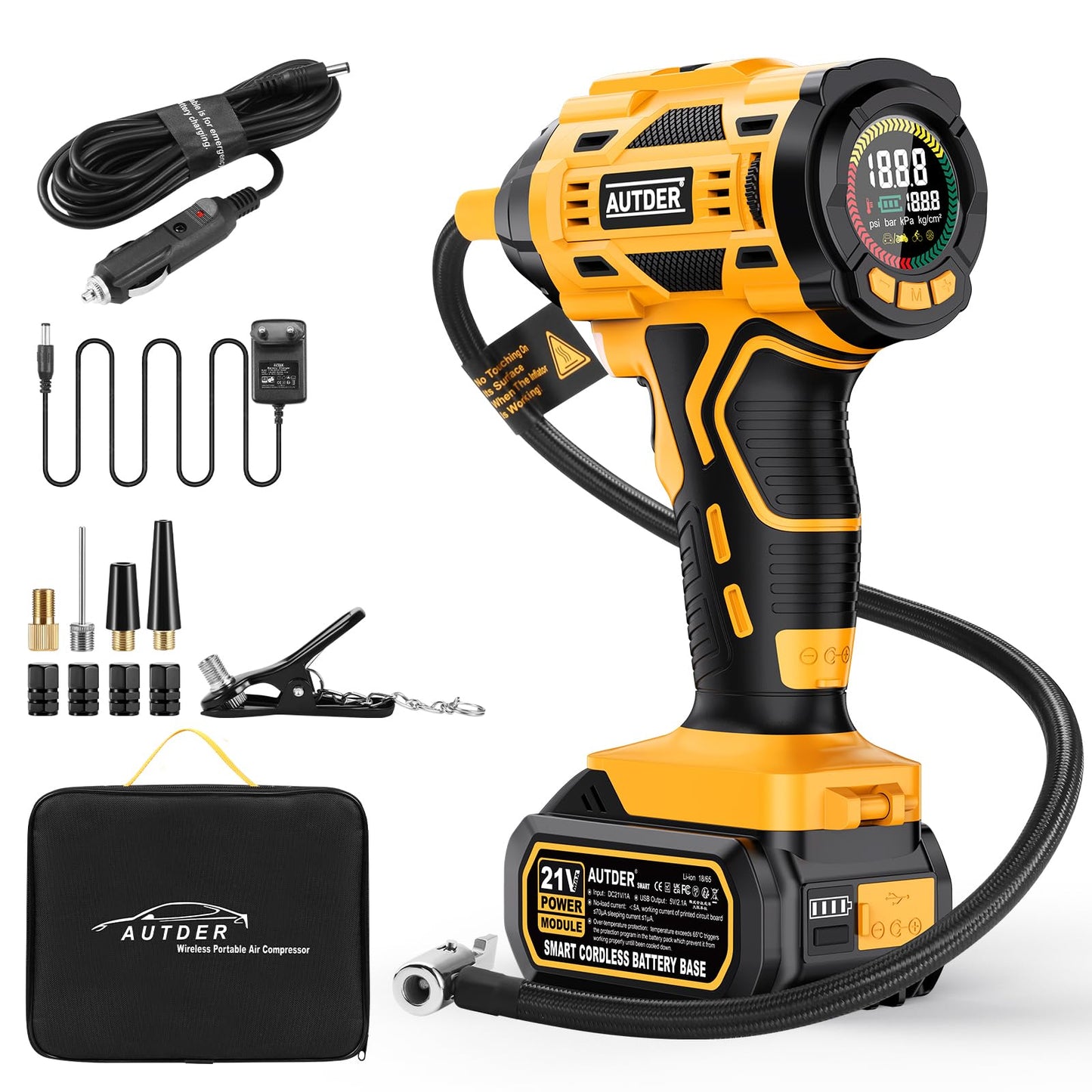 AUTDER 180 PSI Battery Air Compressor - Portable tire inflator with 21V rechargeable battery & 12V DC car adapter, digital air compressor for car, motorcycle, bicycle & sports balls - Yellow