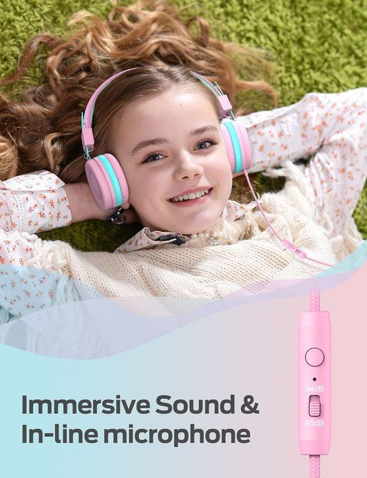 iClever Kids Headphones 2 Pack, Wired Headphones for Kids with MIC, Volume Control Adjustable Headband, Foldable On-Ear Headphones for School Plane