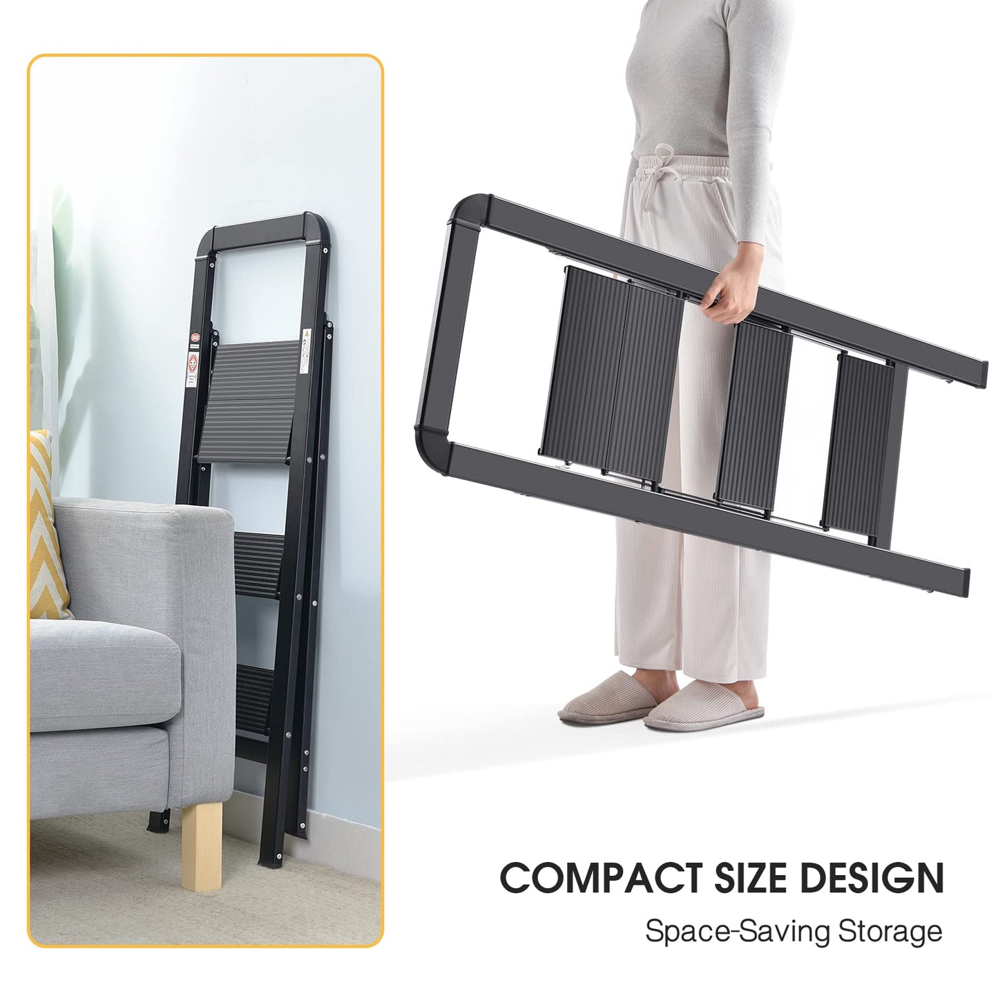 KINGRACK Aluminum Ladder, 3-Step Folding Step Ladder with Handrail, 150kg Capacity, Non-Slip Household Ladder with Locking Mechanism, Aluminum Ladder for Home, Office, Garden, Black.
