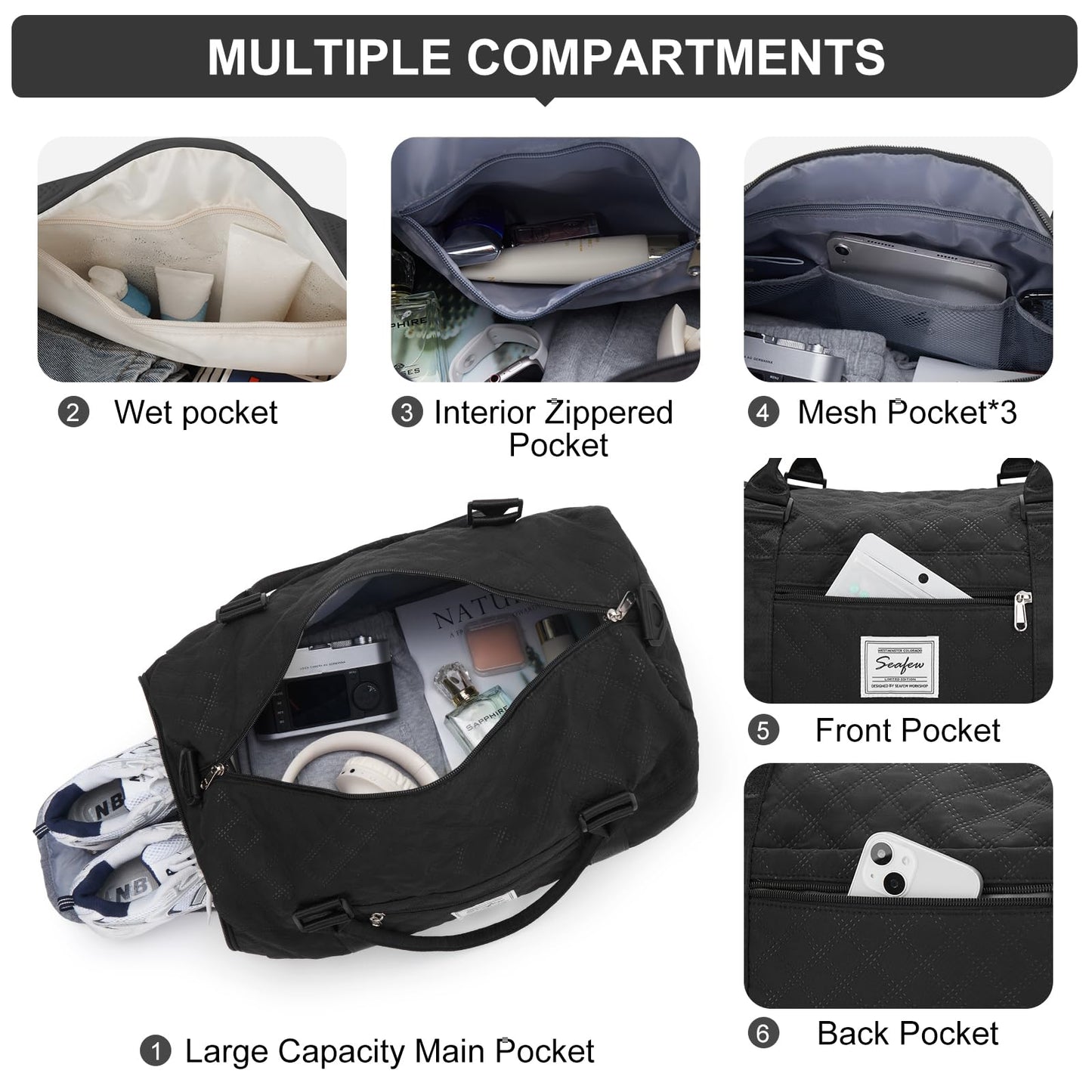 Women's travel bag, sports bag, carry-on bag, weekend bag with toiletry bag, wet pocket, and shoe compartment. Swim bag, travel duffle bag, waterproof sports duffel bag for women. Black.