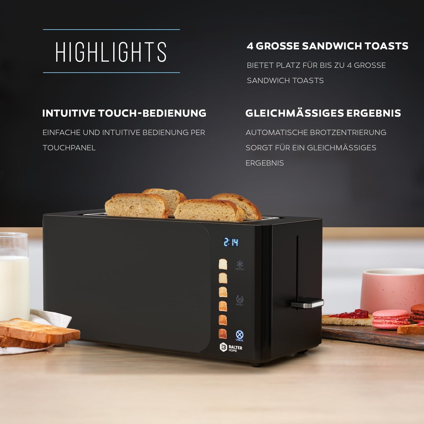 Balter 4-Slice Toaster, Touch Control, Long Slot, Stainless Steel, Bun Warmer, LCD Display, Defrost Function, Bread Centering, TS-44 Matte Black