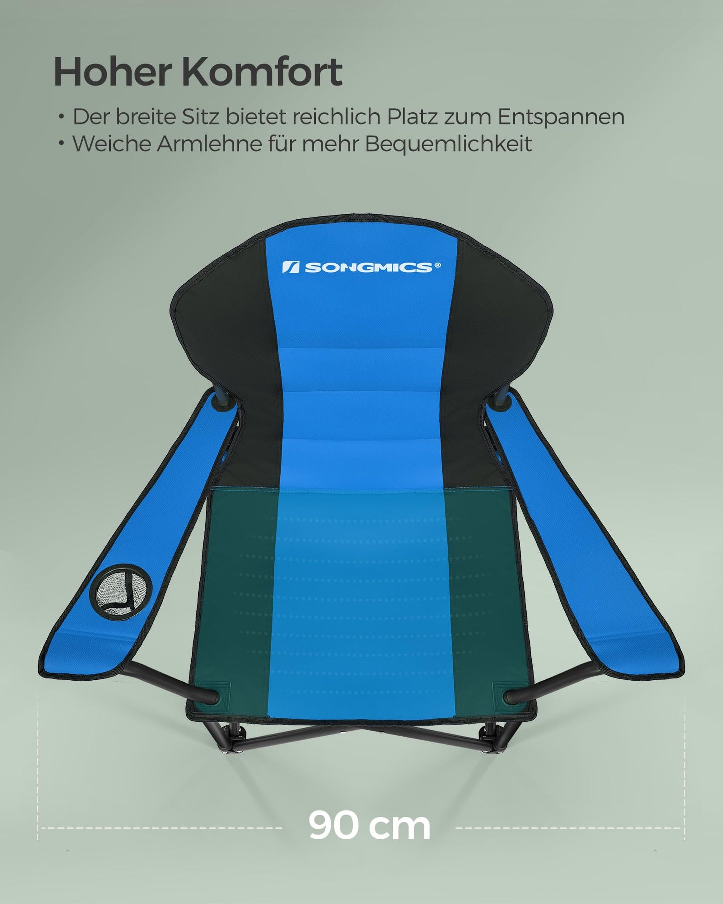 SONGMICS Beach Chair, Camping Chair, Folding Chair with Drink Holder, Foam Padding, Foldable, Supports up to 250 kg, Outdoor Chair, Blue-Black GCB06BU
