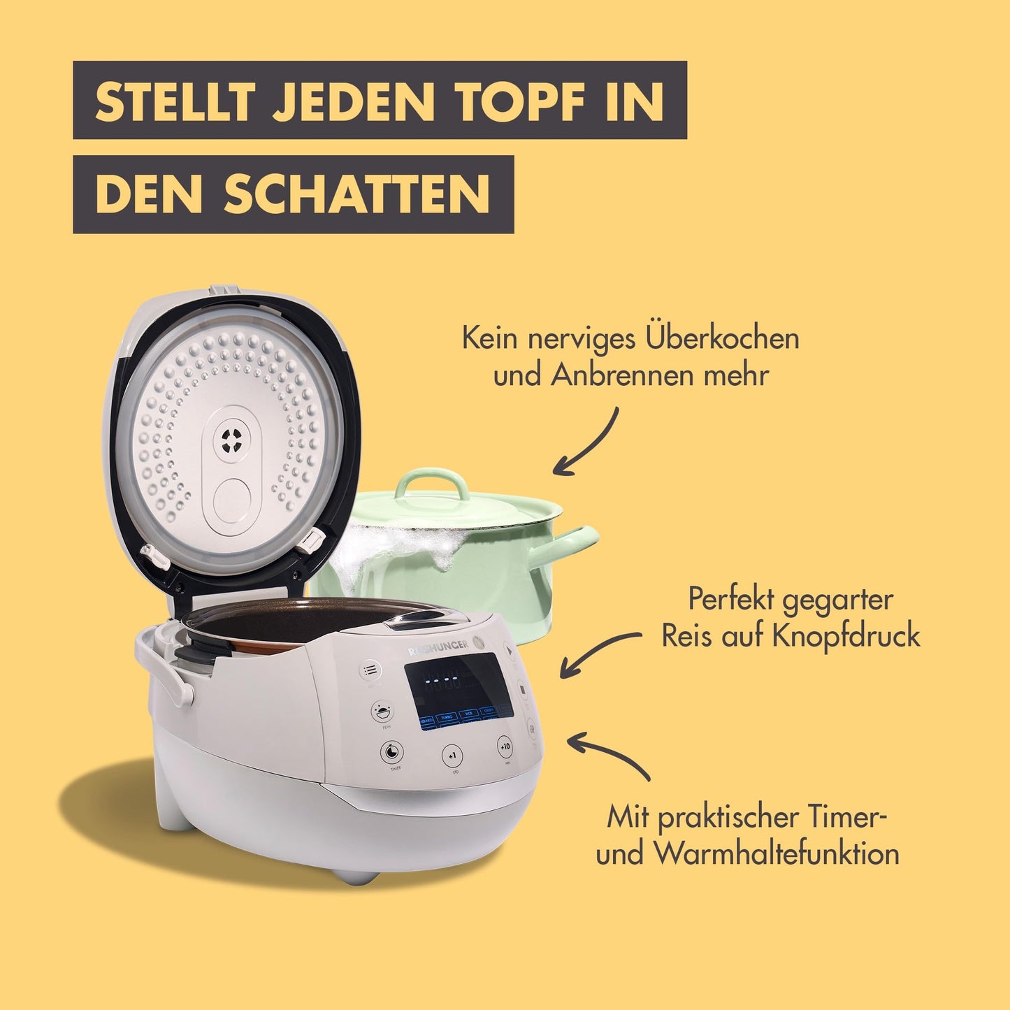 REISHUNGER Digital Rice Cooker & Steamer Gray | 1.5 L for up to 8 persons | Keep warm function, timer & premium inner pot | Multicooker, 12 programs, 7-phase technology