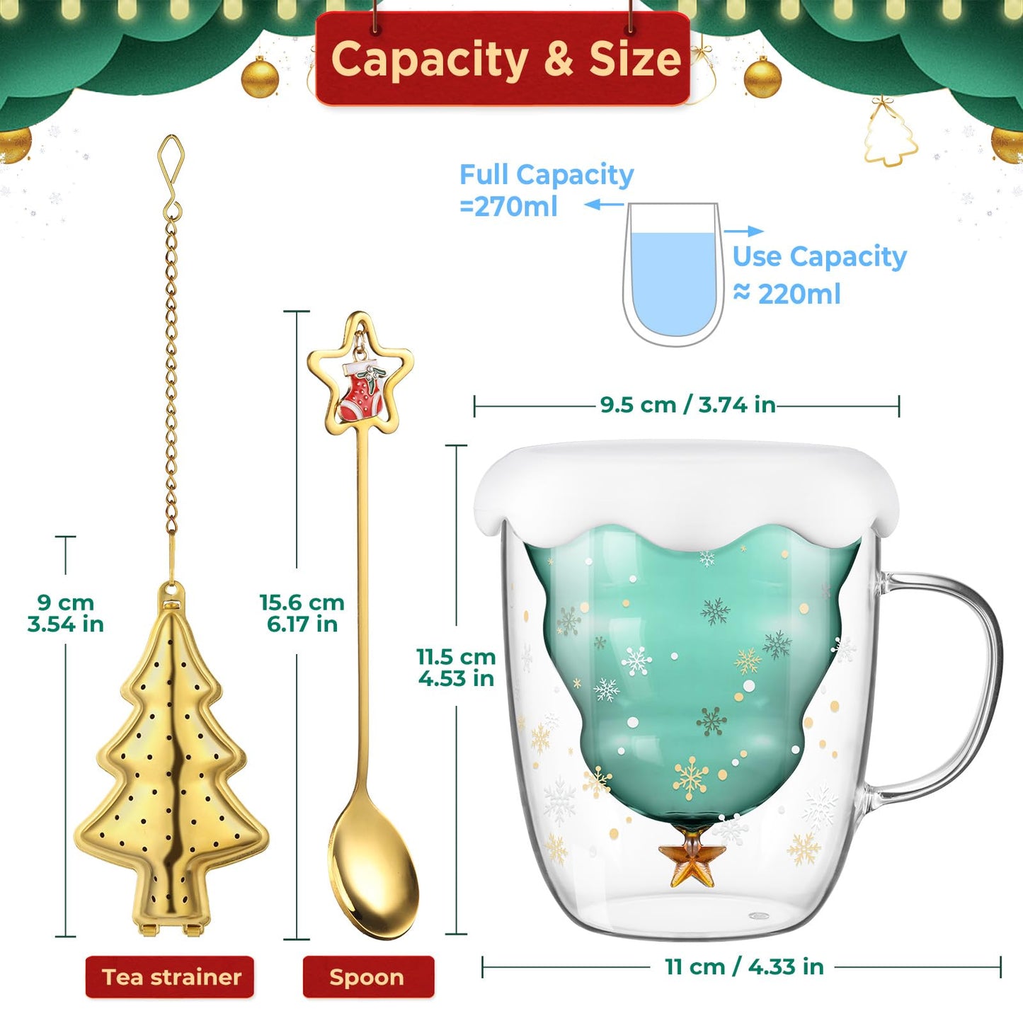 Set of two Sweet Christmas tree double-walled Latte Macchiato glasses 270ml coffee cup Christmas mug with Christmas tree tea strainer tea glasses for milk, iced, Christmas gifts gifts for women and children.