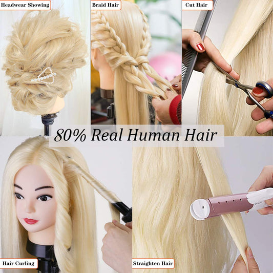 TwoWin Training Heads 80% Real Hair Blonde Cosmetology Doll Head Hairdresser Training Model Mannequin Head with Stand, DIY Hair Accessories Styling, Suitable for Straightening, Curling, Perming.