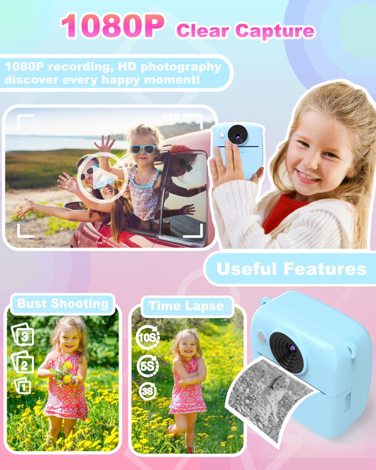 NUOTUN Instant Camera for Kids, Kids Camera with Photo Printing, 2.0 Inch HD Screen, 8X Zoom, 1080P Digital Camera with Printing Paper & Card, Kids Camera Gift for Girls & Boys 3-12 Years (Blue)